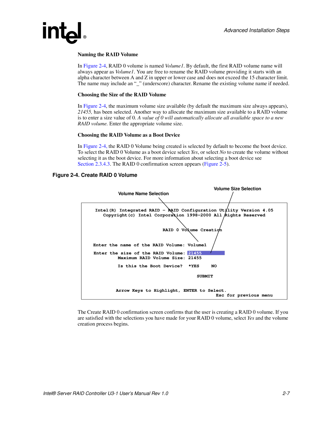 Intel SRCU31 Naming the RAID Volume, Choosing the Size of the RAID Volume, Choosing the RAID Volume as a Boot Device 