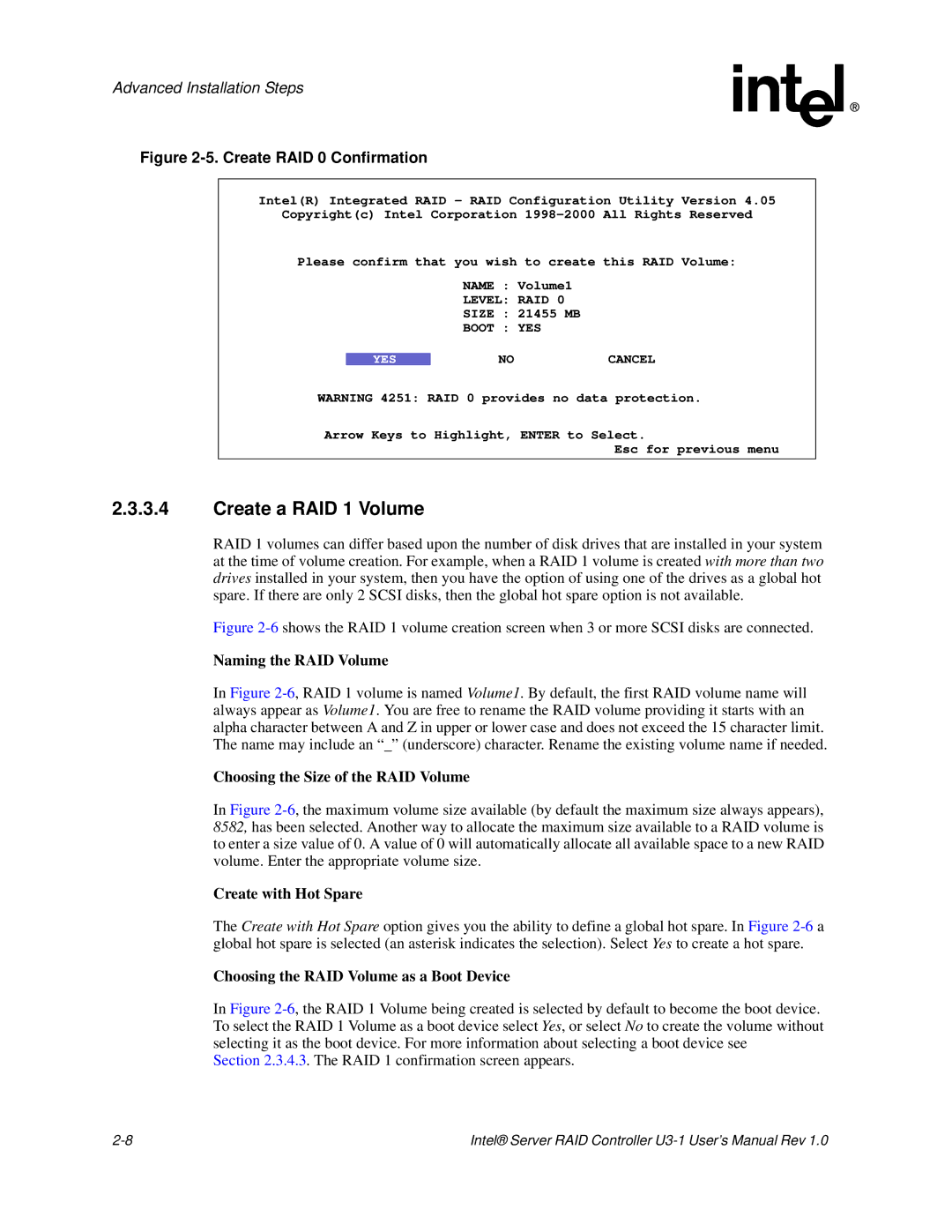 Intel SRCU31 user manual Create a RAID 1 Volume, Create with Hot Spare 