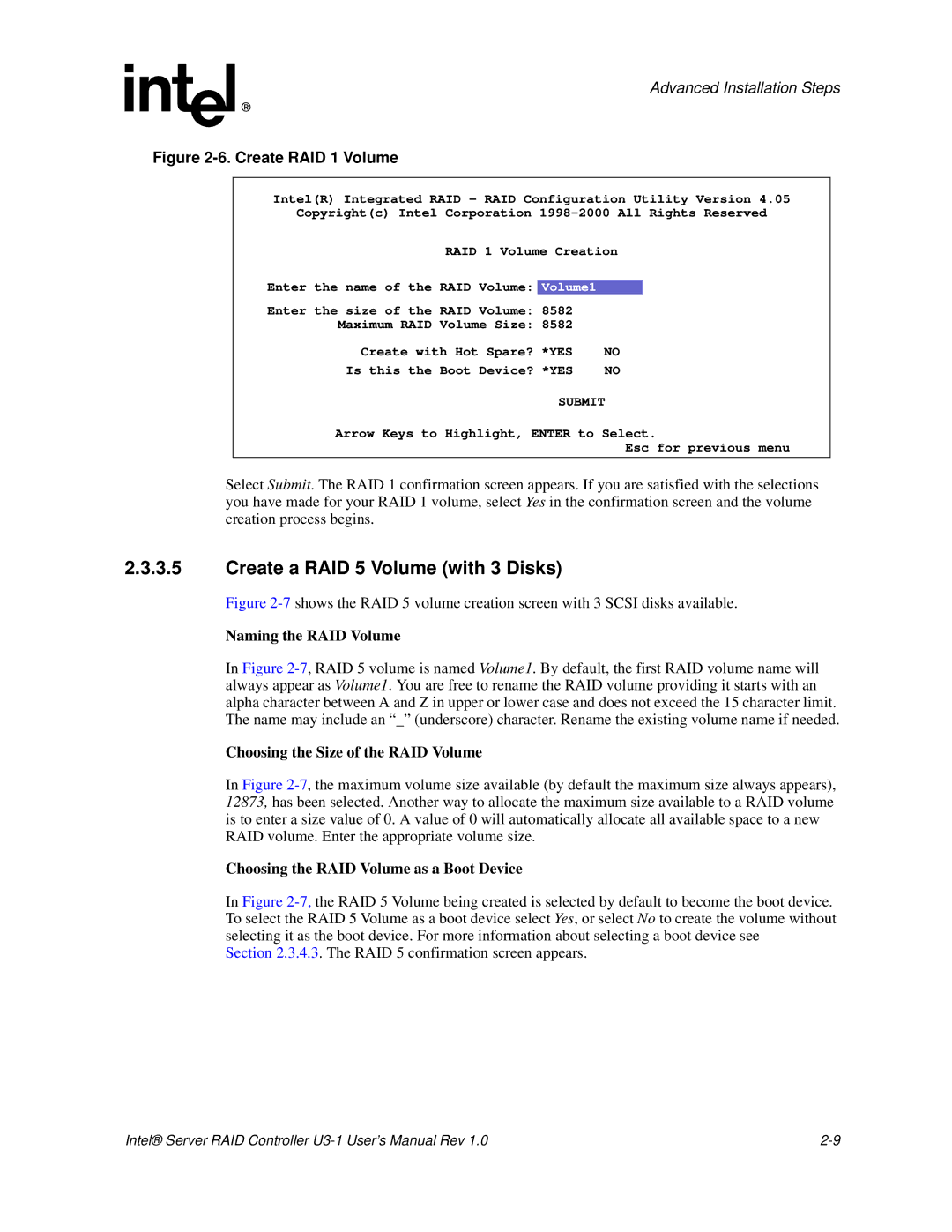 Intel SRCU31 user manual Create a RAID 5 Volume with 3 Disks, Volume1 