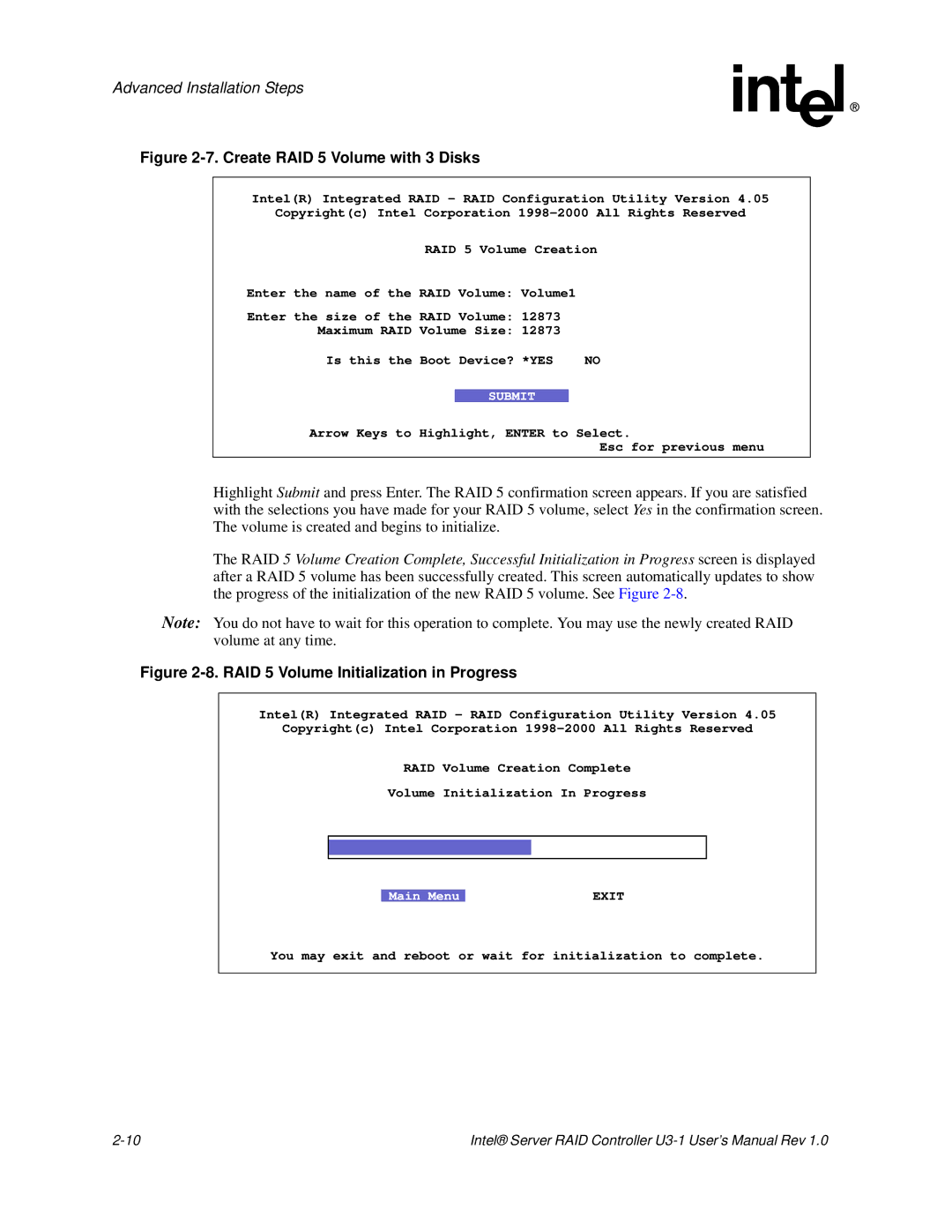 Intel SRCU31 user manual Create RAID 5 Volume with 3 Disks 