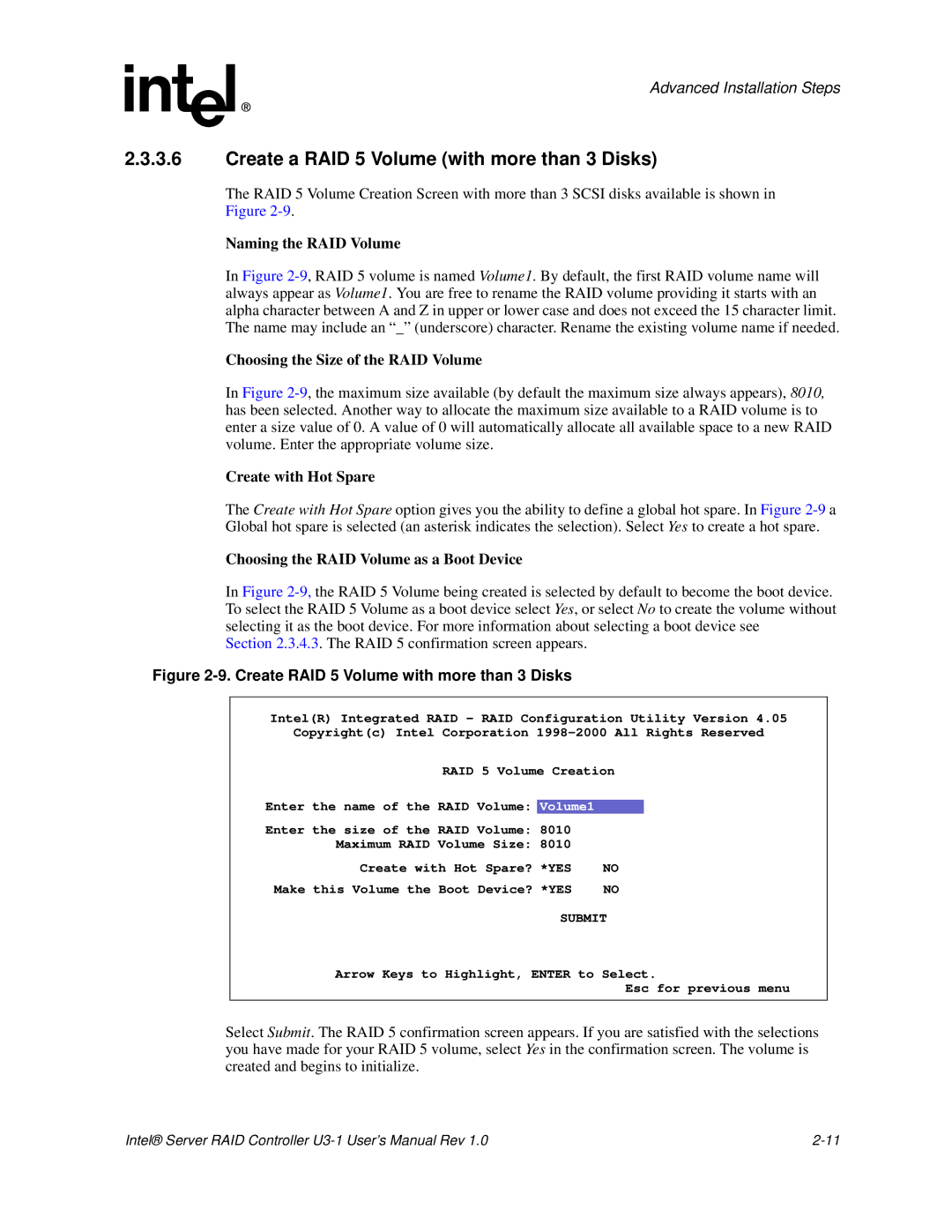 Intel SRCU31 user manual Create a RAID 5 Volume with more than 3 Disks, Create RAID 5 Volume with more than 3 Disks 