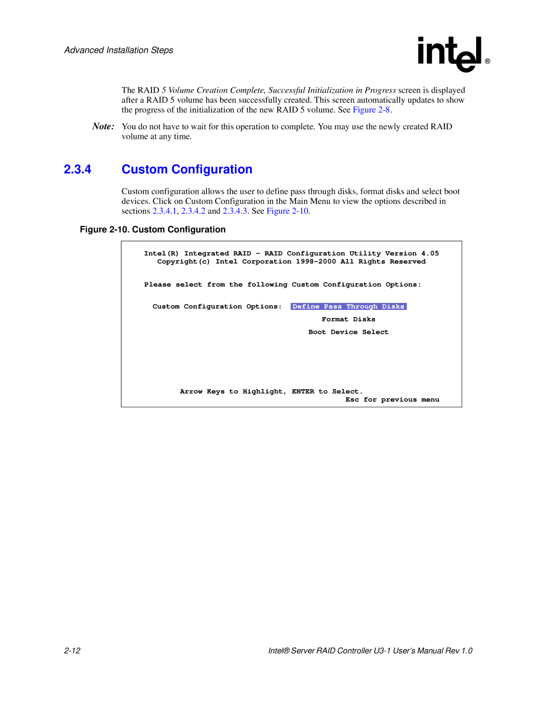 Intel SRCU31 user manual Custom Configuration 