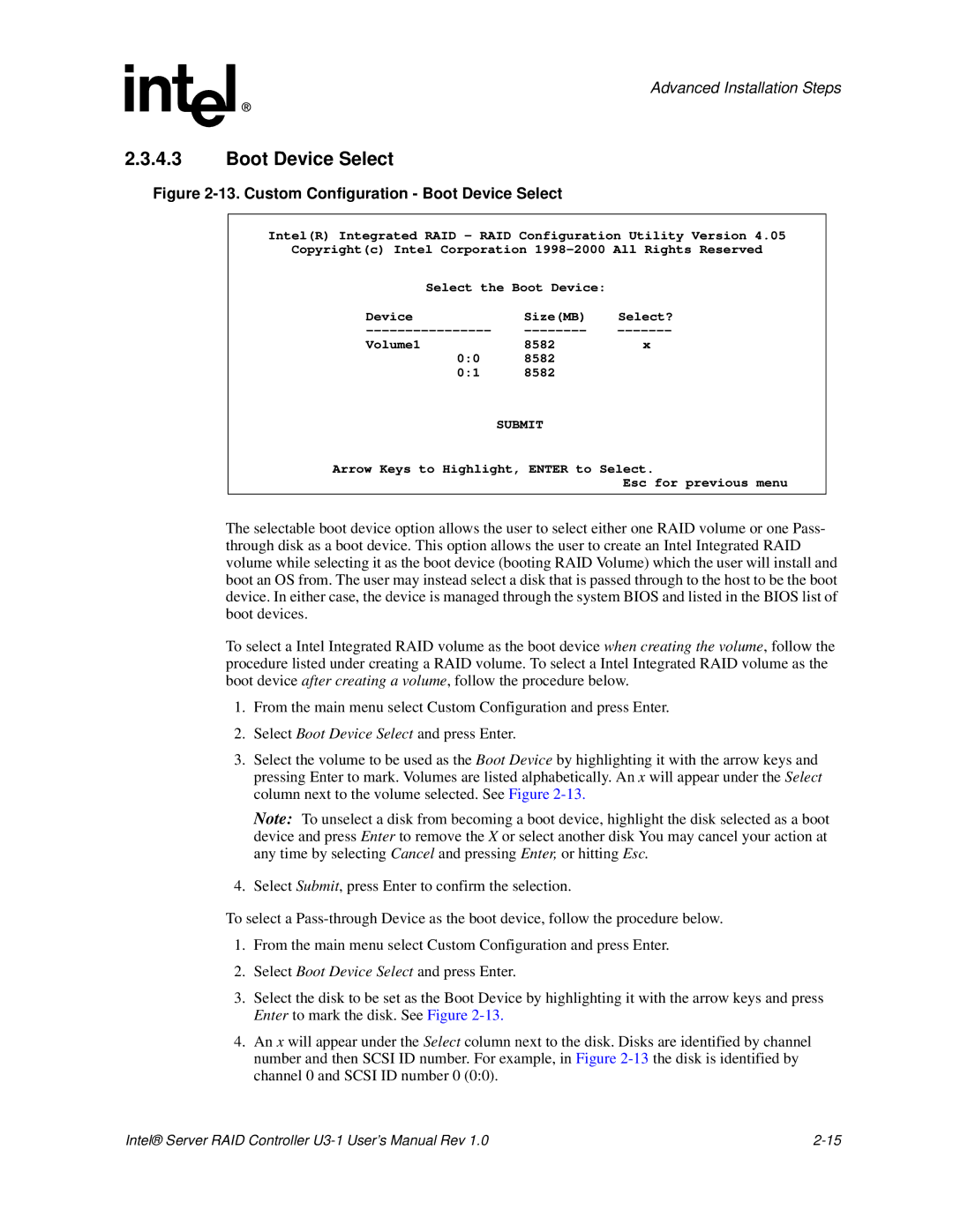 Intel SRCU31 user manual Custom Configuration Boot Device Select 