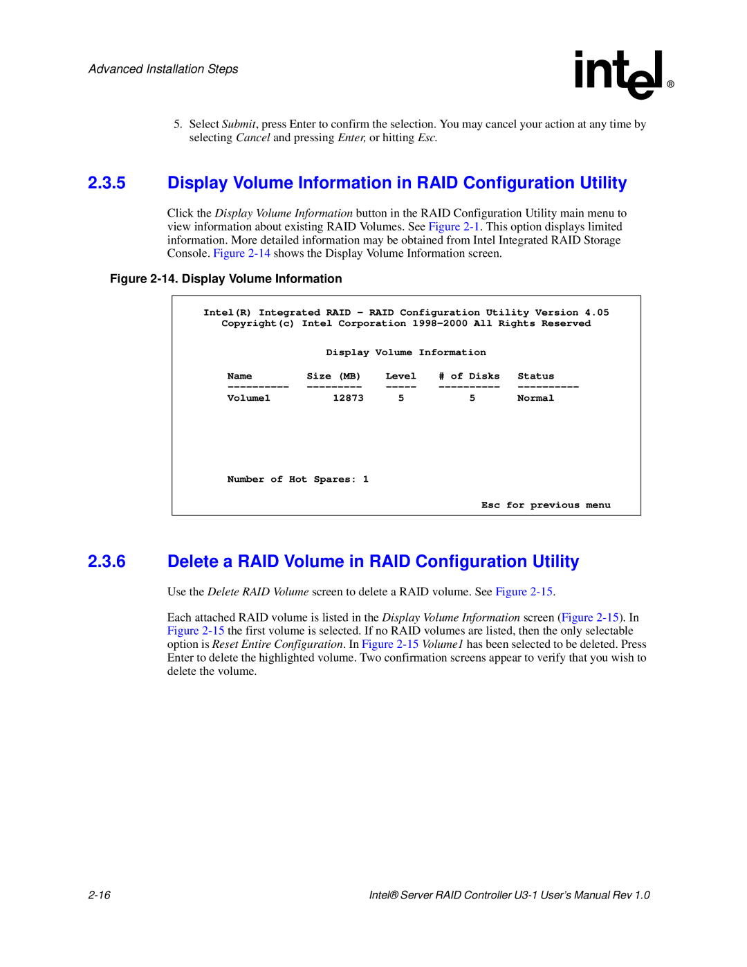 Intel SRCU31 Display Volume Information in RAID Configuration Utility, Delete a RAID Volume in RAID Configuration Utility 