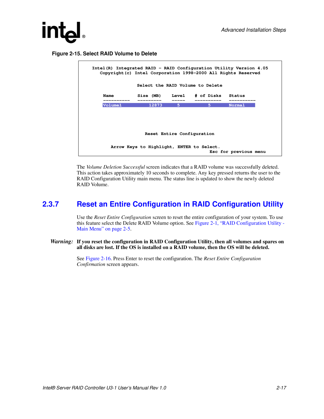 Intel SRCU31 user manual Reset an Entire Configuration in RAID Configuration Utility, Select RAID Volume to Delete 