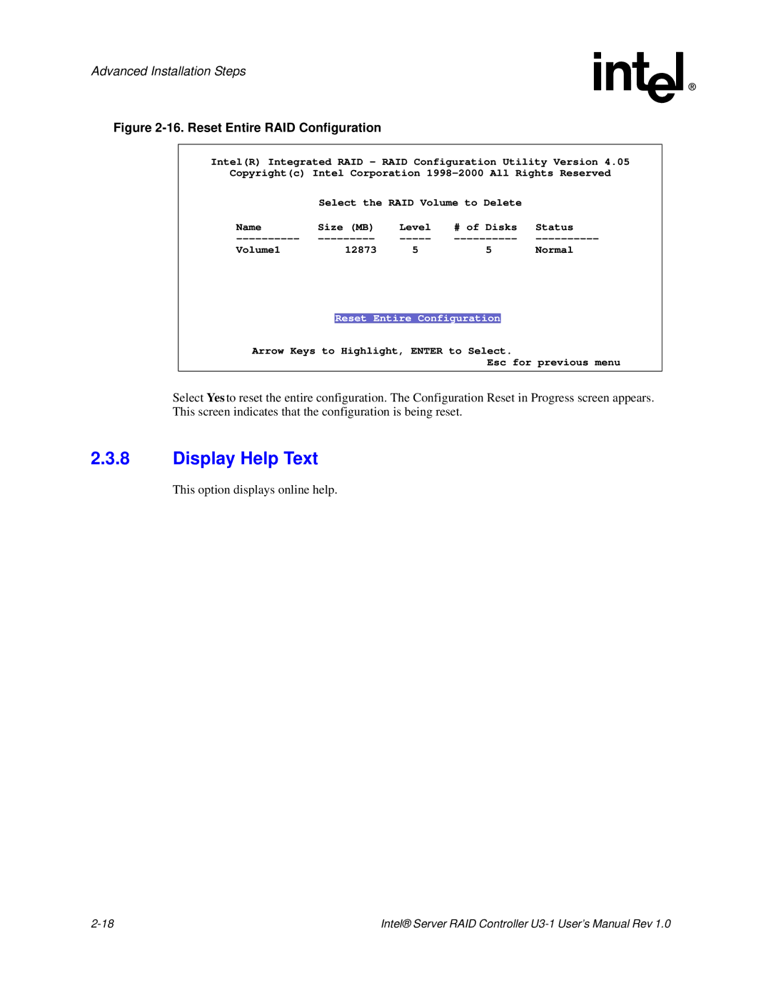 Intel SRCU31 user manual Display Help Text, Reset Entire RAID Configuration 