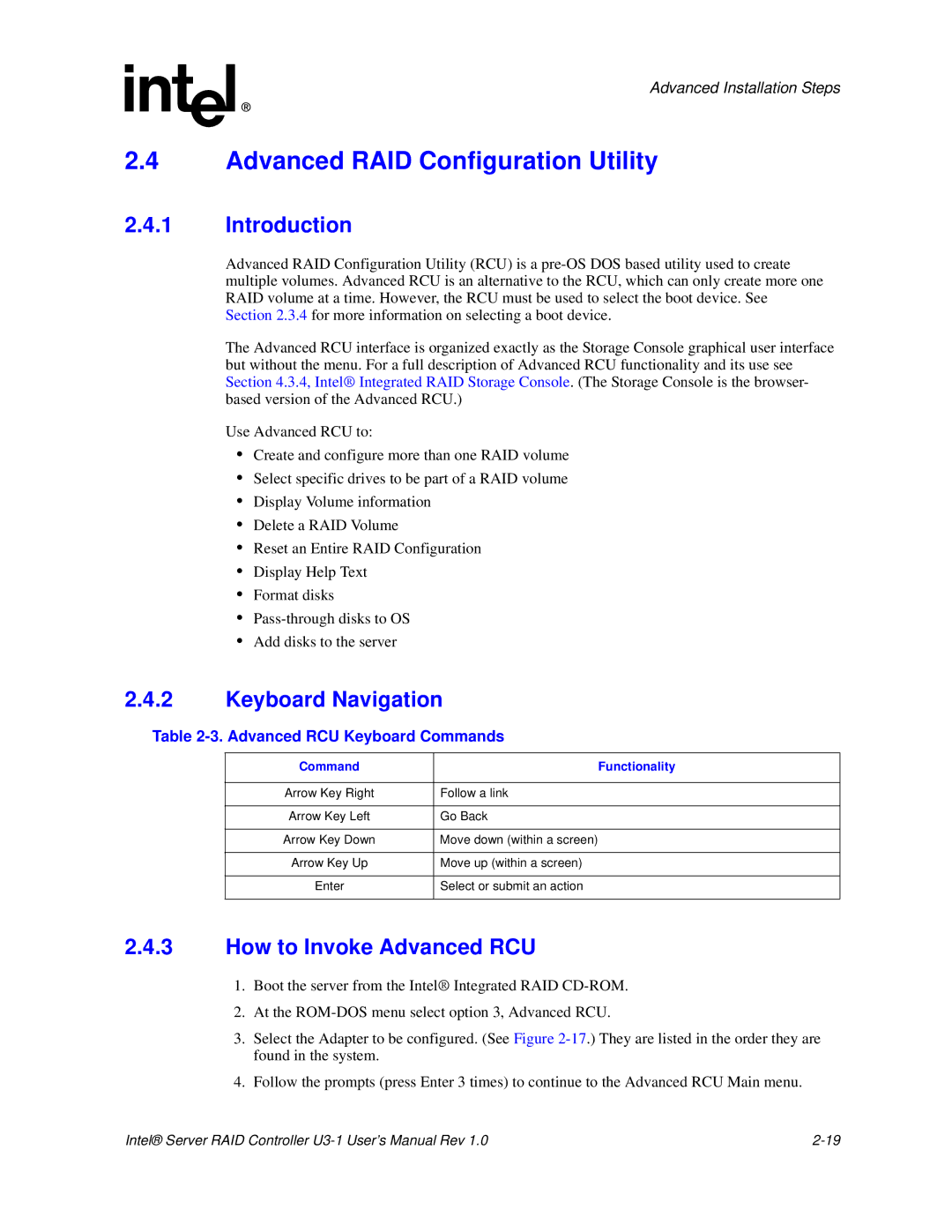 Intel SRCU31 user manual Advanced RAID Configuration Utility, How to Invoke Advanced RCU, Advanced RCU Keyboard Commands 