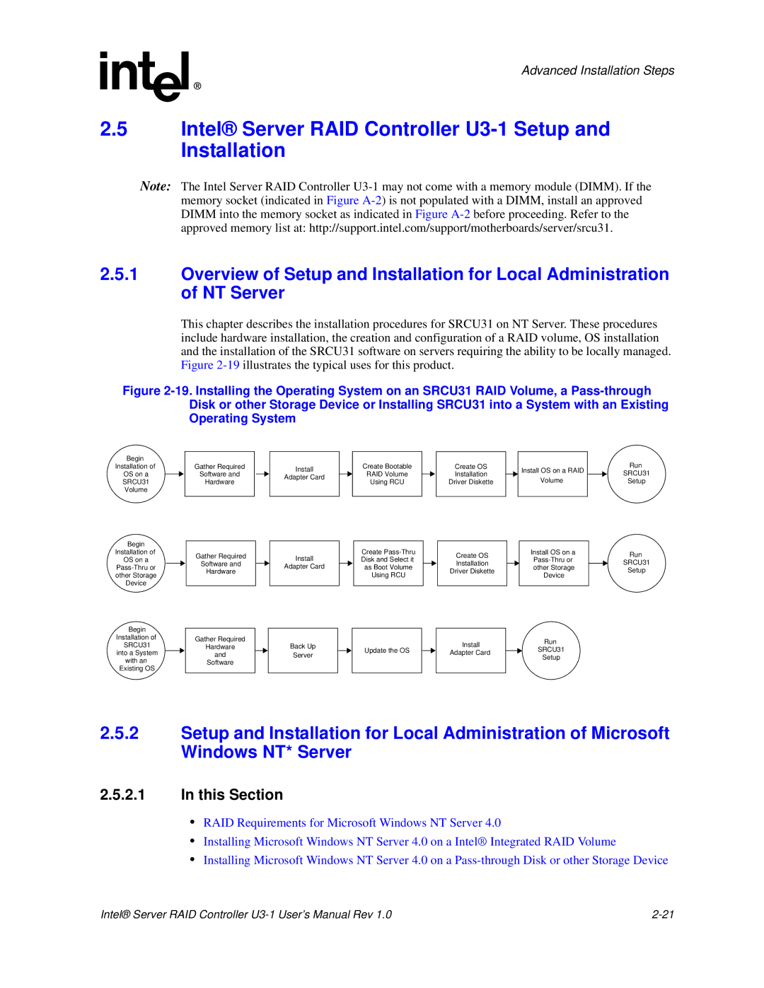 Intel SRCU31 user manual Intel Server RAID Controller U3-1 Setup and Installation, This Section 