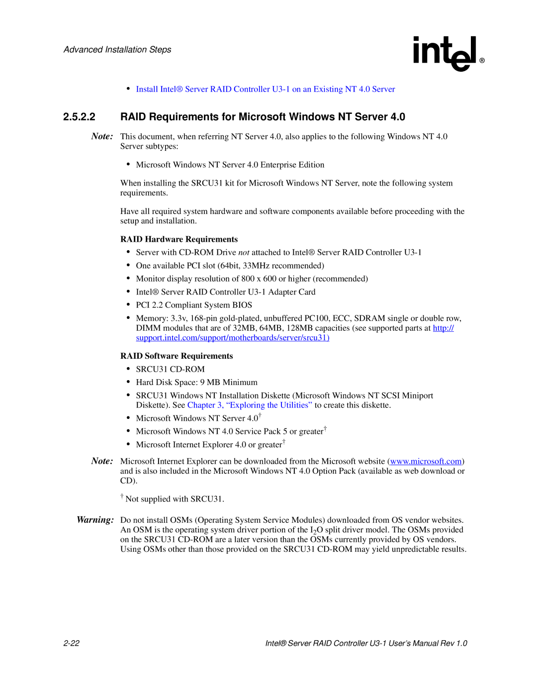 Intel SRCU31 RAID Requirements for Microsoft Windows NT Server, RAID Hardware Requirements, RAID Software Requirements 