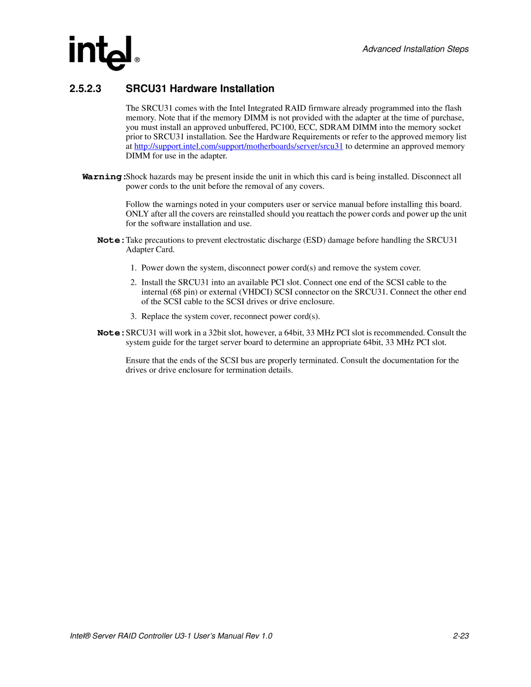 Intel user manual SRCU31 Hardware Installation 