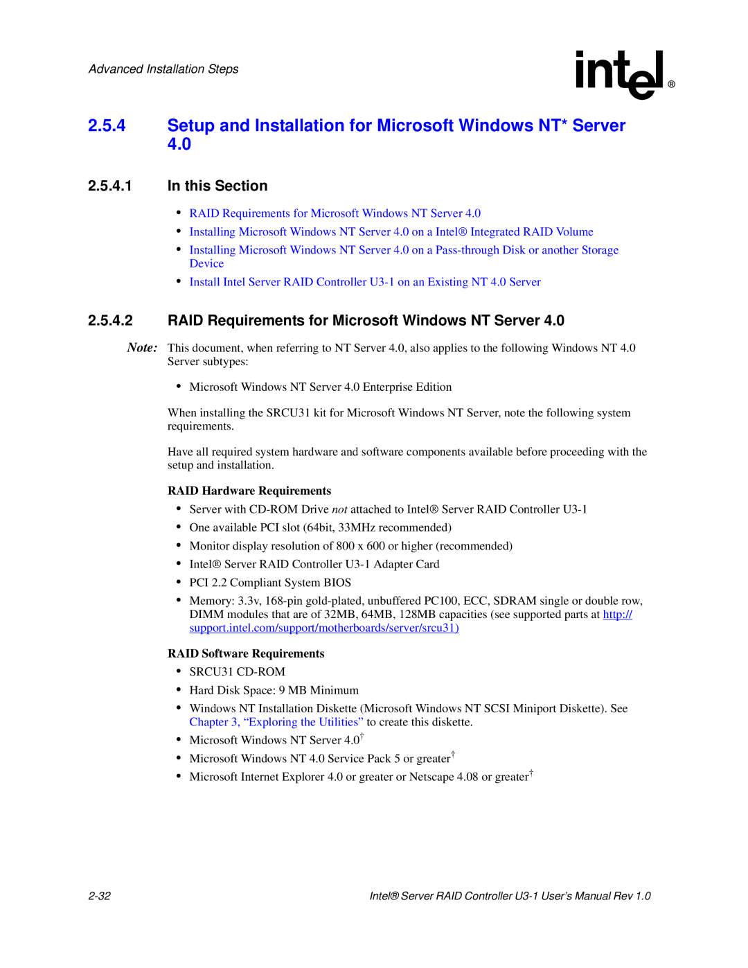 Intel SRCU31 user manual Setup and Installation for Microsoft Windows NT* Server 