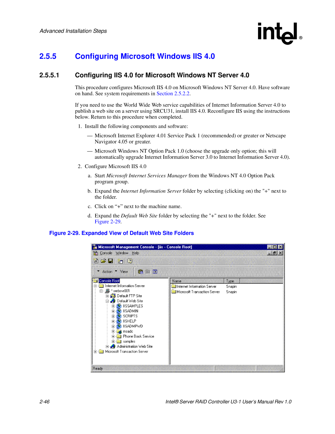 Intel SRCU31 user manual Configuring Microsoft Windows IIS, Configuring IIS 4.0 for Microsoft Windows NT Server 