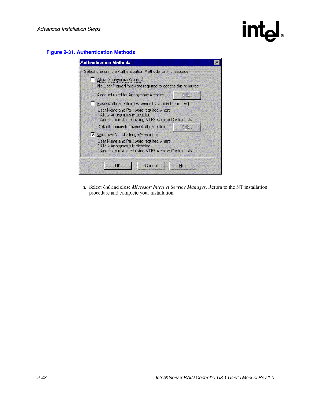 Intel SRCU31 user manual Authentication Methods 