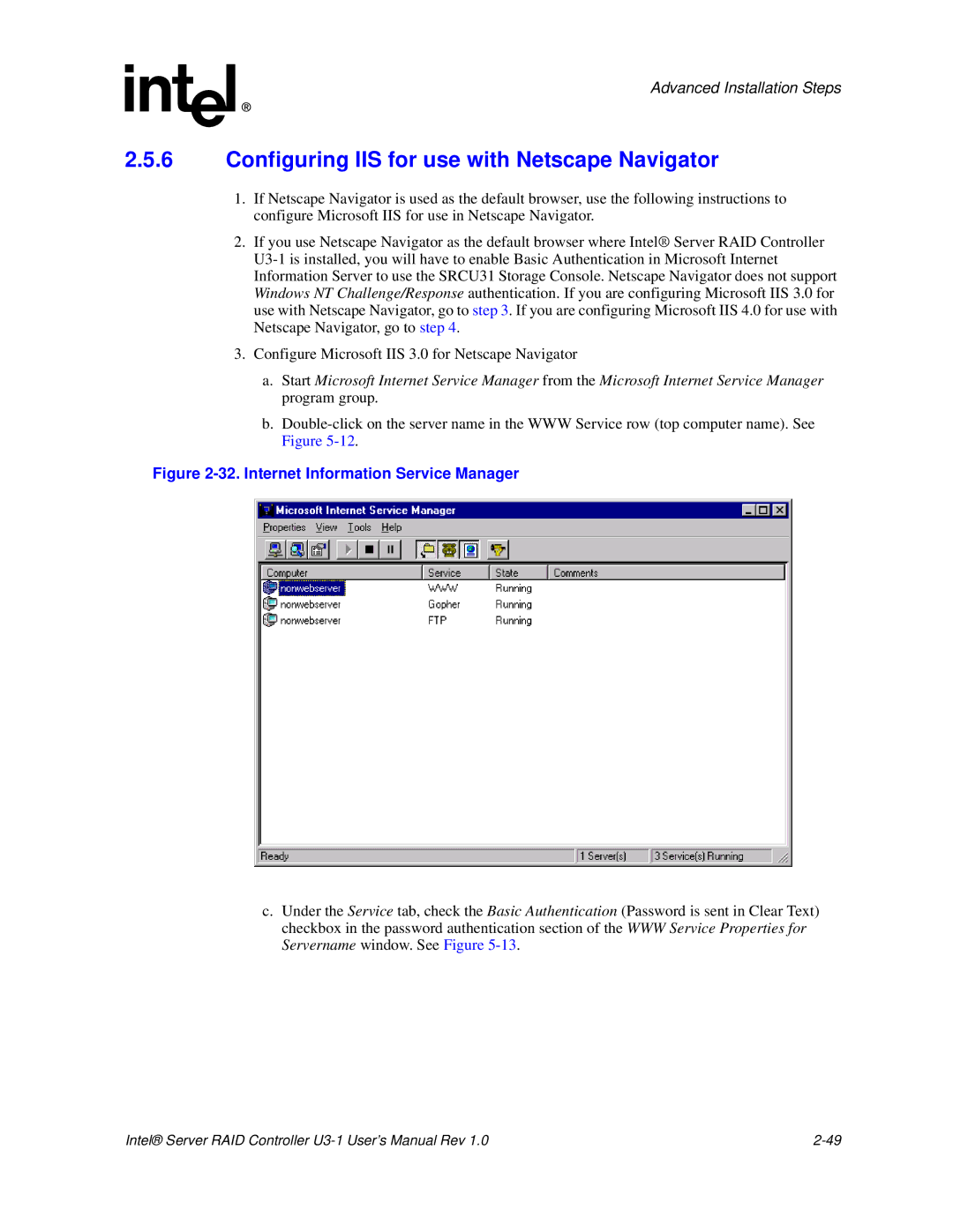 Intel SRCU31 user manual Configuring IIS for use with Netscape Navigator, Internet Information Service Manager 