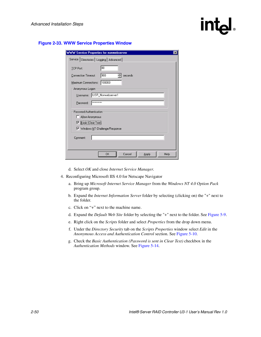 Intel SRCU31 user manual WWW Service Properties Window 