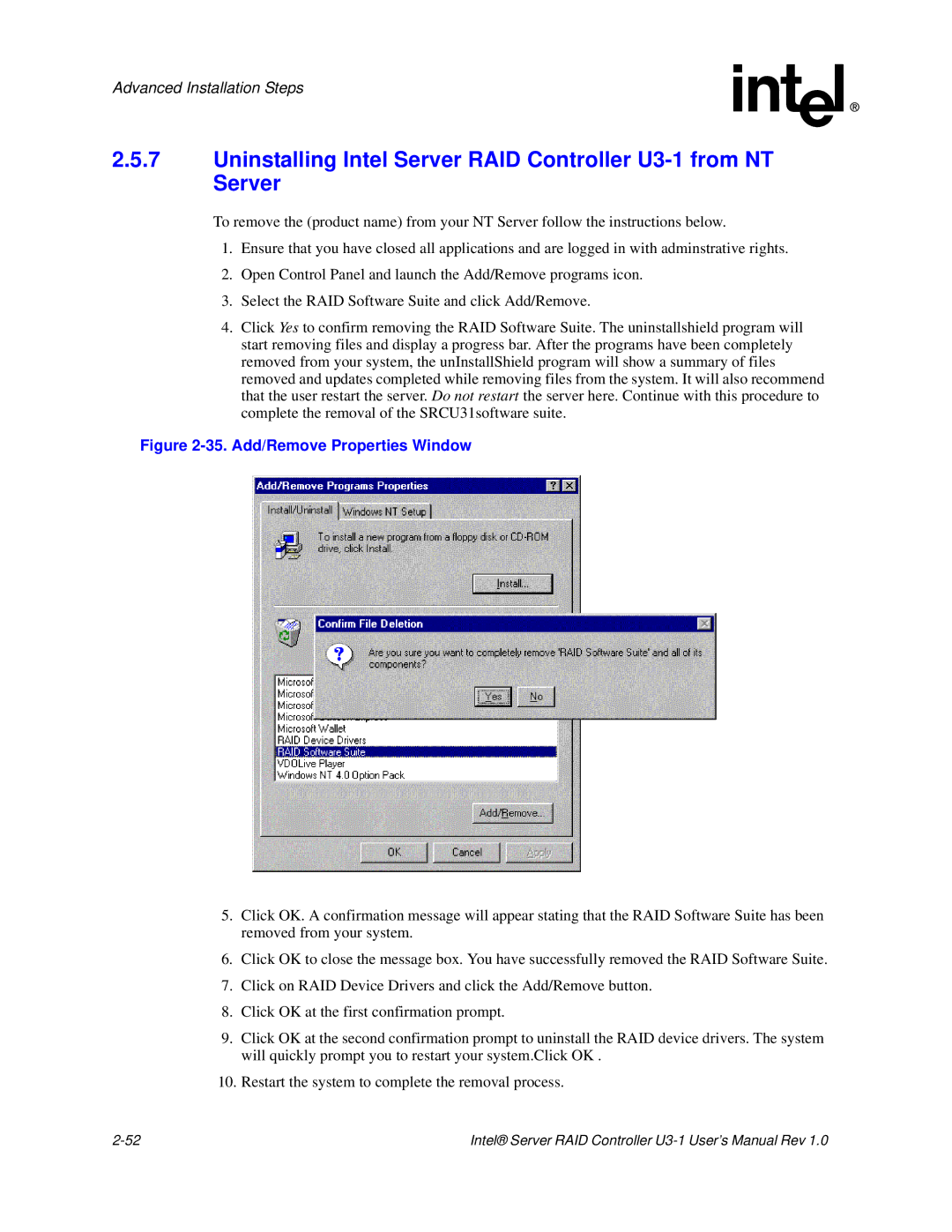 Intel SRCU31 user manual Add/Remove Properties Window 