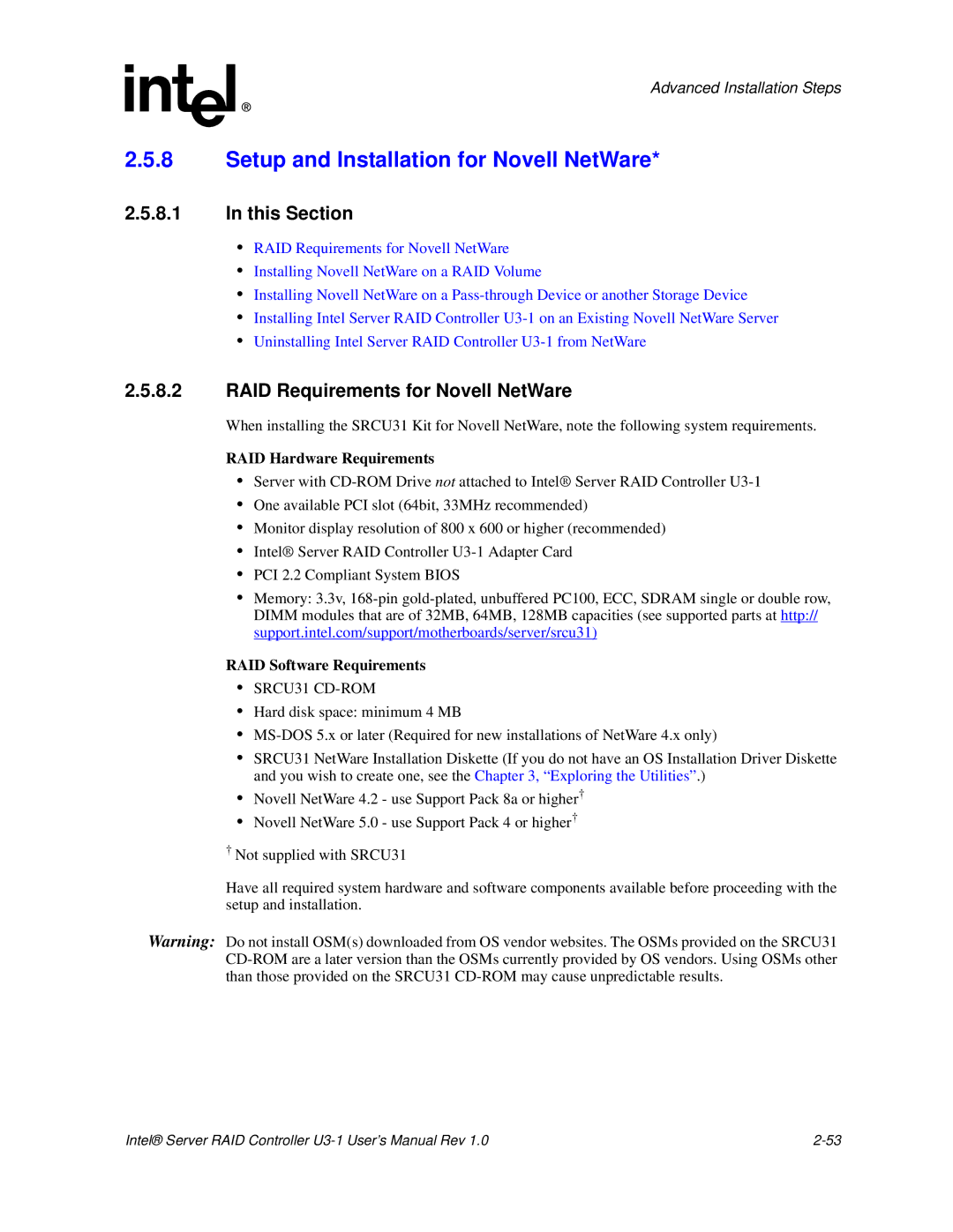 Intel SRCU31 user manual Setup and Installation for Novell NetWare, RAID Requirements for Novell NetWare 