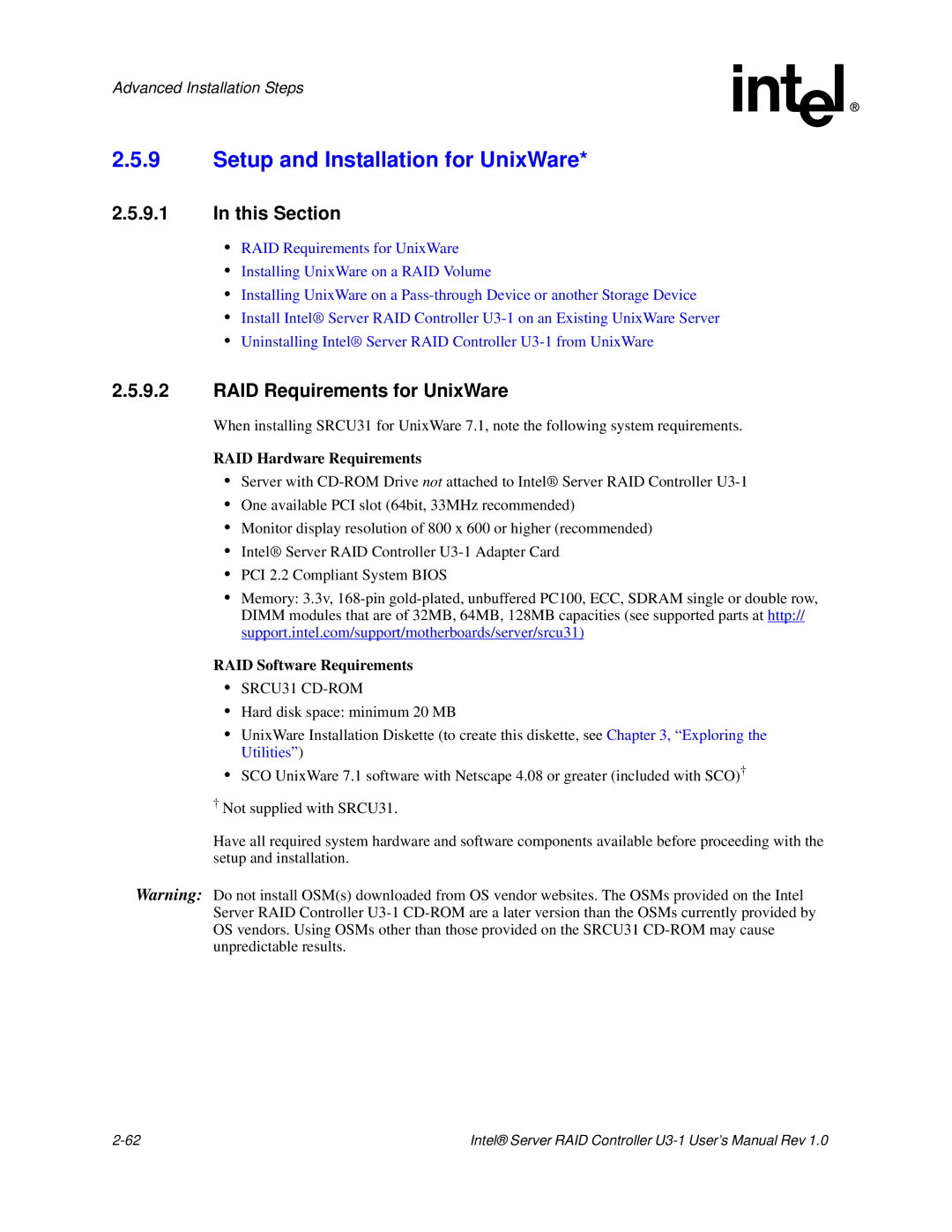 Intel SRCU31 user manual Setup and Installation for UnixWare, RAID Requirements for UnixWare 