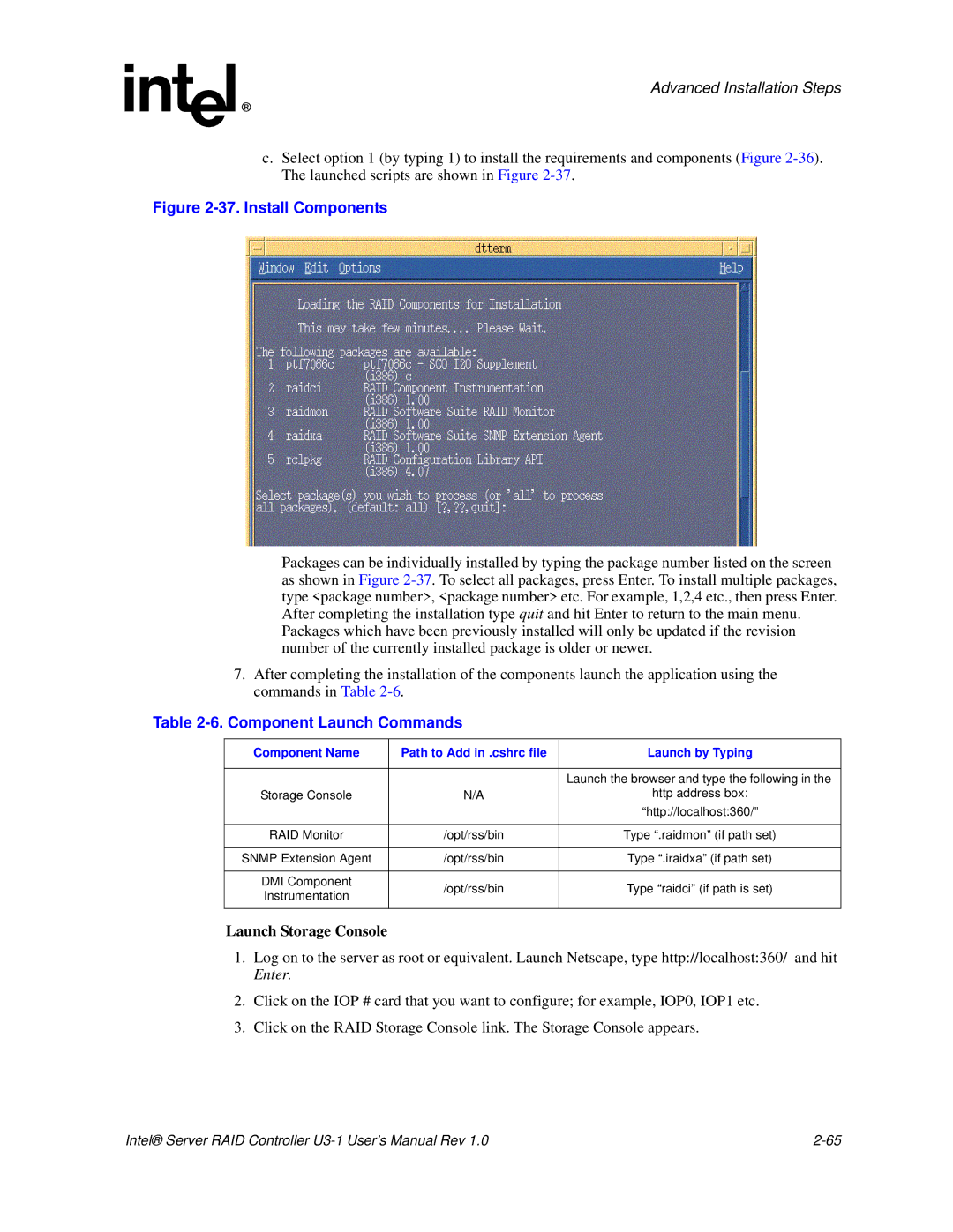 Intel SRCU31 Component Launch Commands, Launch Storage Console, Component Name Path to Add in .cshrc file Launch by Typing 