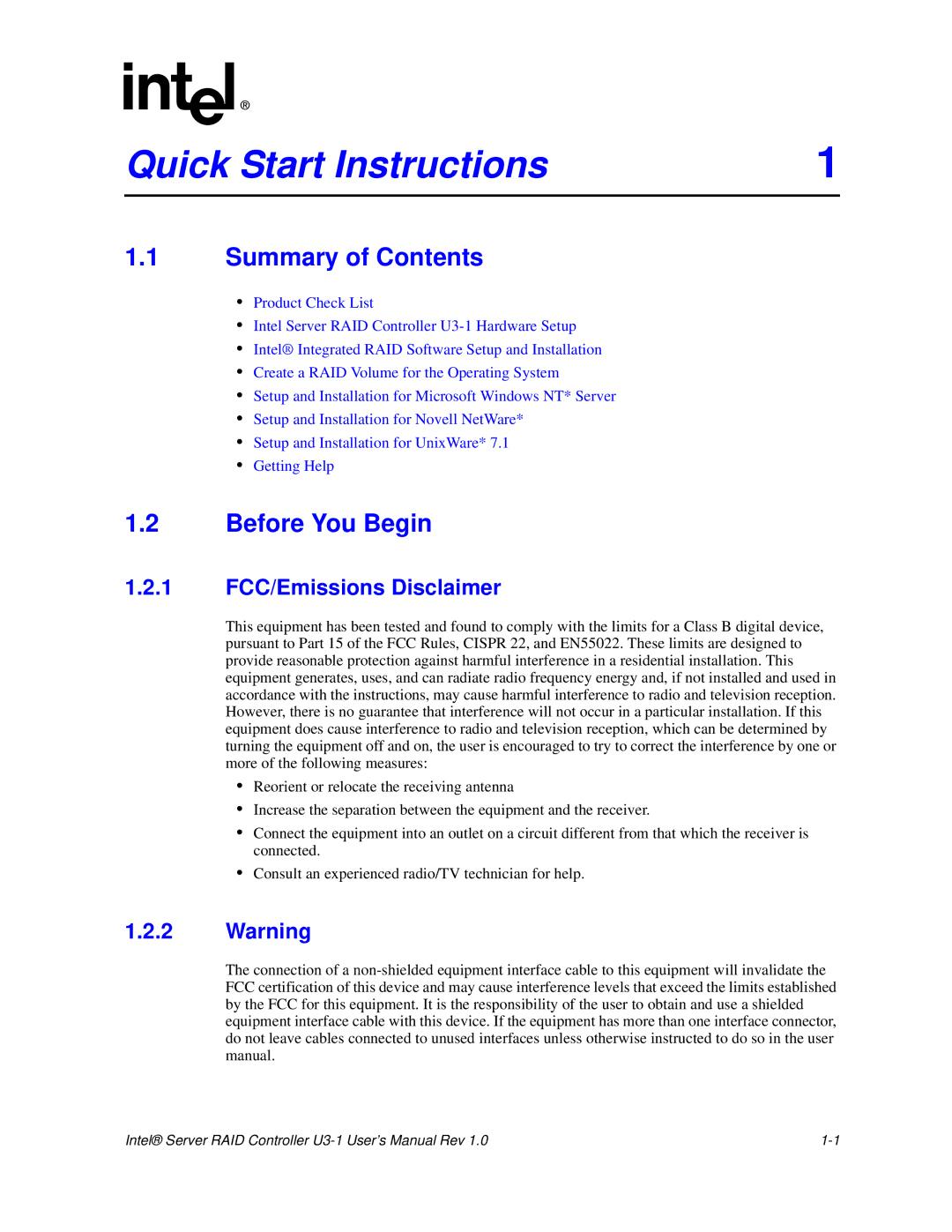 Intel SRCU31 user manual Summary of Contents, Before You Begin 