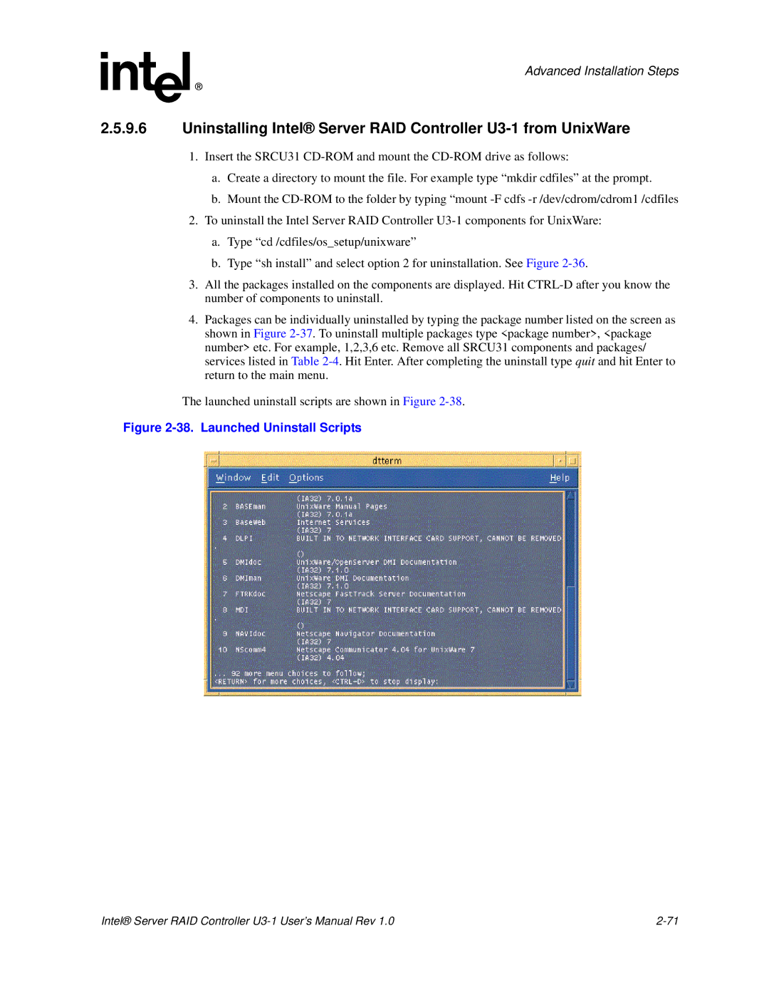 Intel SRCU31 user manual Uninstalling Intel Server RAID Controller U3-1 from UnixWare 