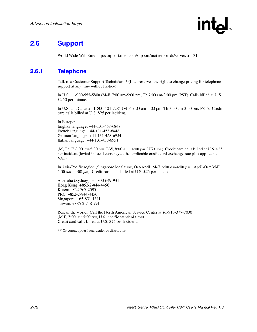 Intel SRCU31 user manual Support, Telephone 