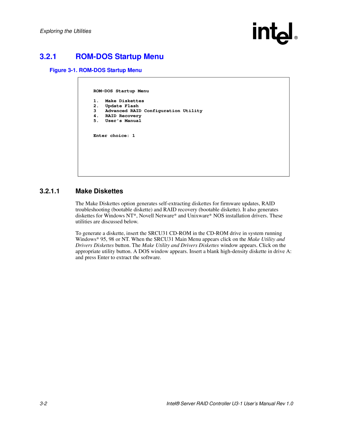 Intel SRCU31 user manual ROM-DOS Startup Menu, Make Diskettes 