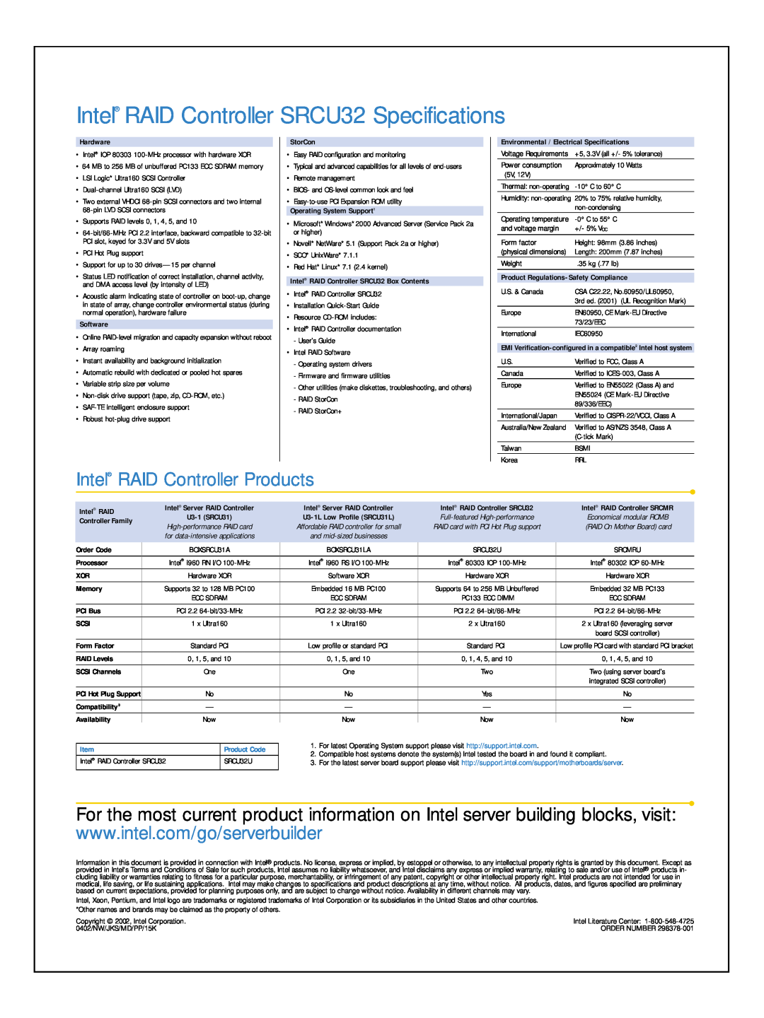 Intel manual Intel RAID Controller Products, Hardware, Software, StorCon, Operating System Support1, BOXSRCU31A, SRCU32U 