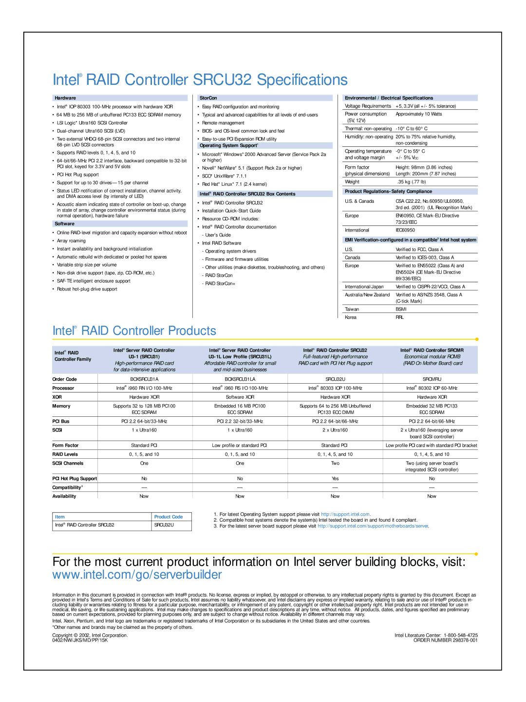 Intel manual Intel RAID Controller SRCU32 Specifications, Intel RAID Controller Products 