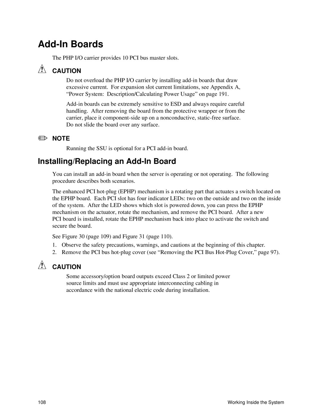 Intel SRPL8 manual Add-In Boards, Installing/Replacing an Add-In Board 