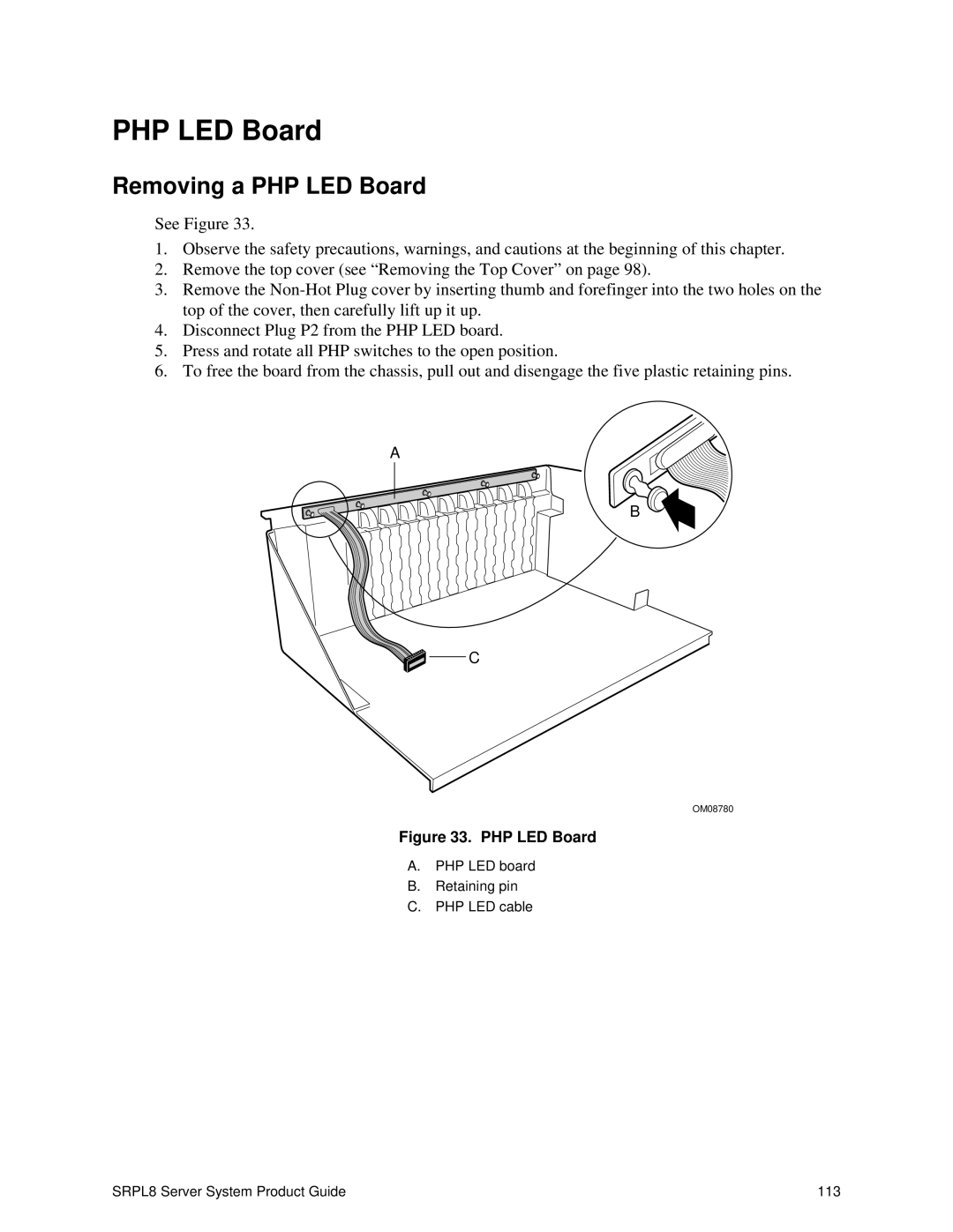 Intel SRPL8 manual Removing a PHP LED Board 