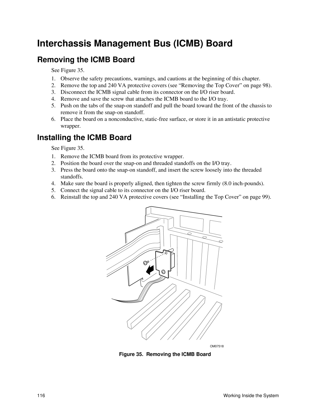 Intel SRPL8 manual Interchassis Management Bus Icmb Board, Removing the Icmb Board, Installing the Icmb Board 