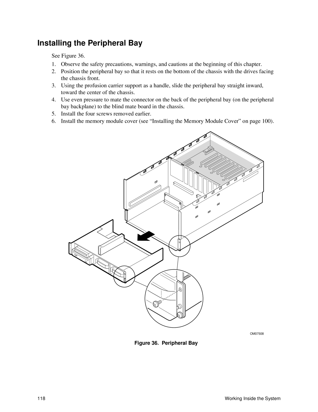 Intel SRPL8 manual Installing the Peripheral Bay 