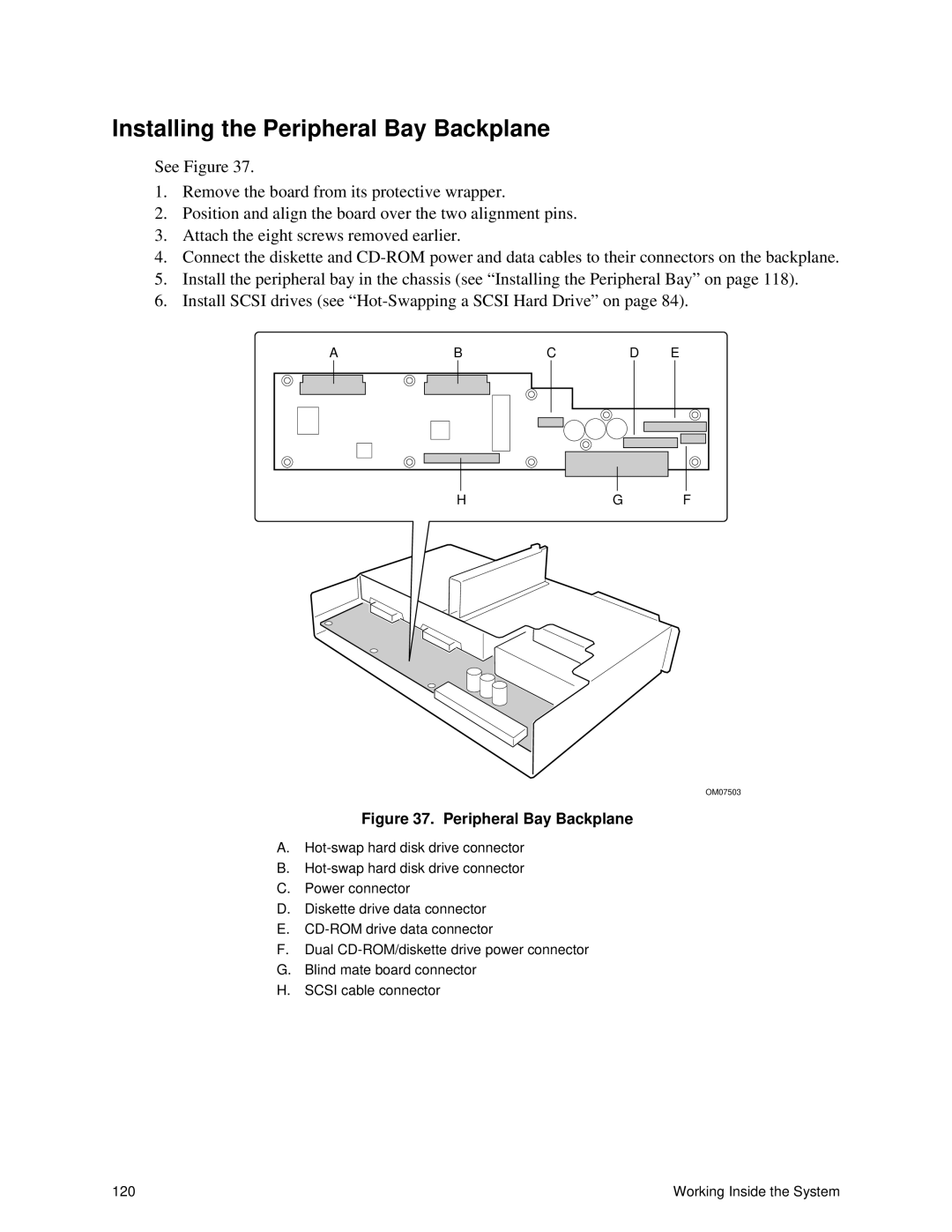 Intel SRPL8 manual Installing the Peripheral Bay Backplane 