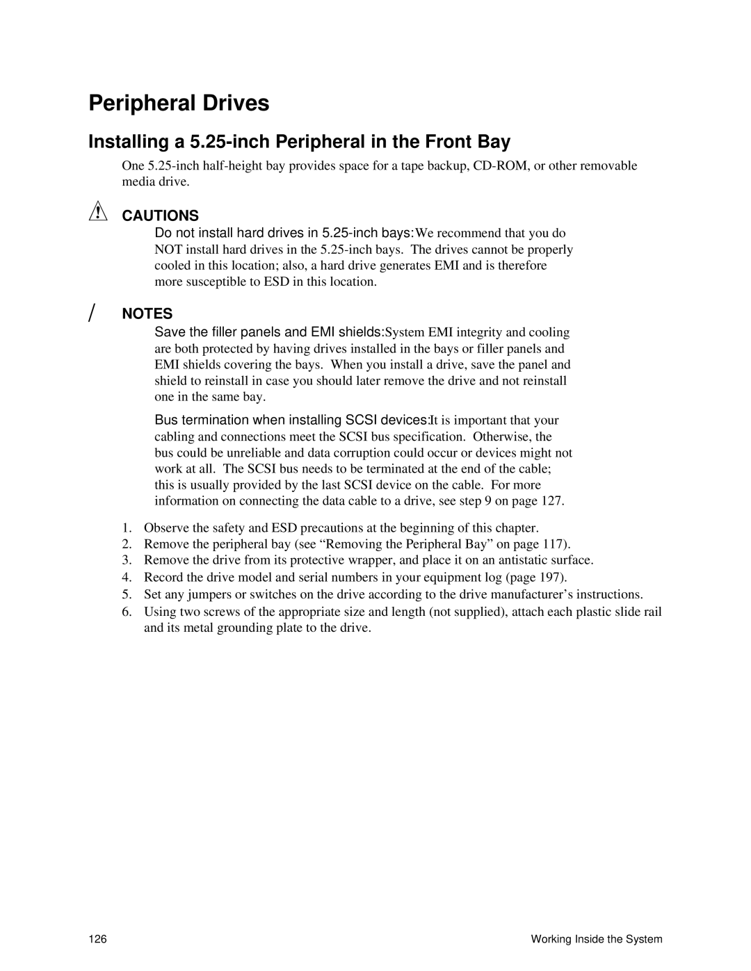 Intel SRPL8 manual Peripheral Drives, Installing a 5.25-inch Peripheral in the Front Bay 