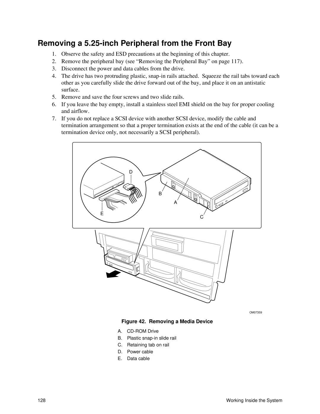 Intel SRPL8 manual Removing a 5.25-inch Peripheral from the Front Bay, Removing a Media Device 