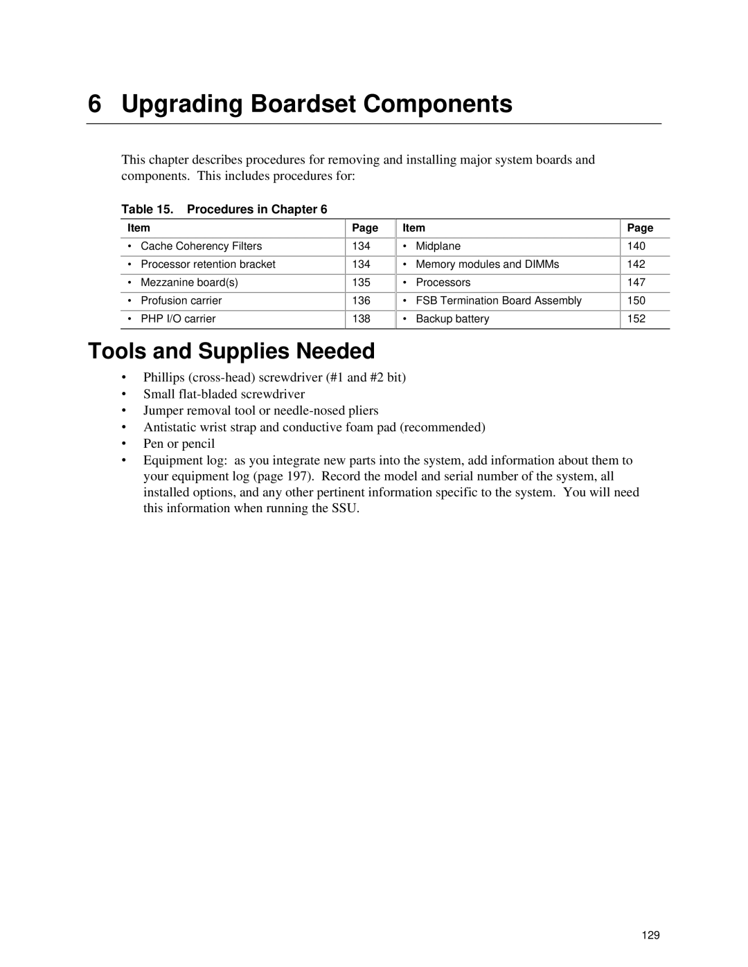 Intel SRPL8 manual Upgrading Boardset Components, Procedures in Chapter 