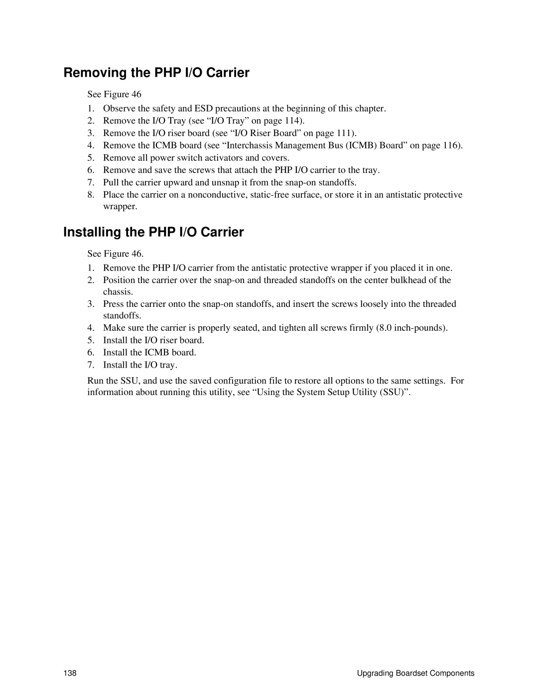 Intel SRPL8 manual Removing the PHP I/O Carrier, Installing the PHP I/O Carrier 