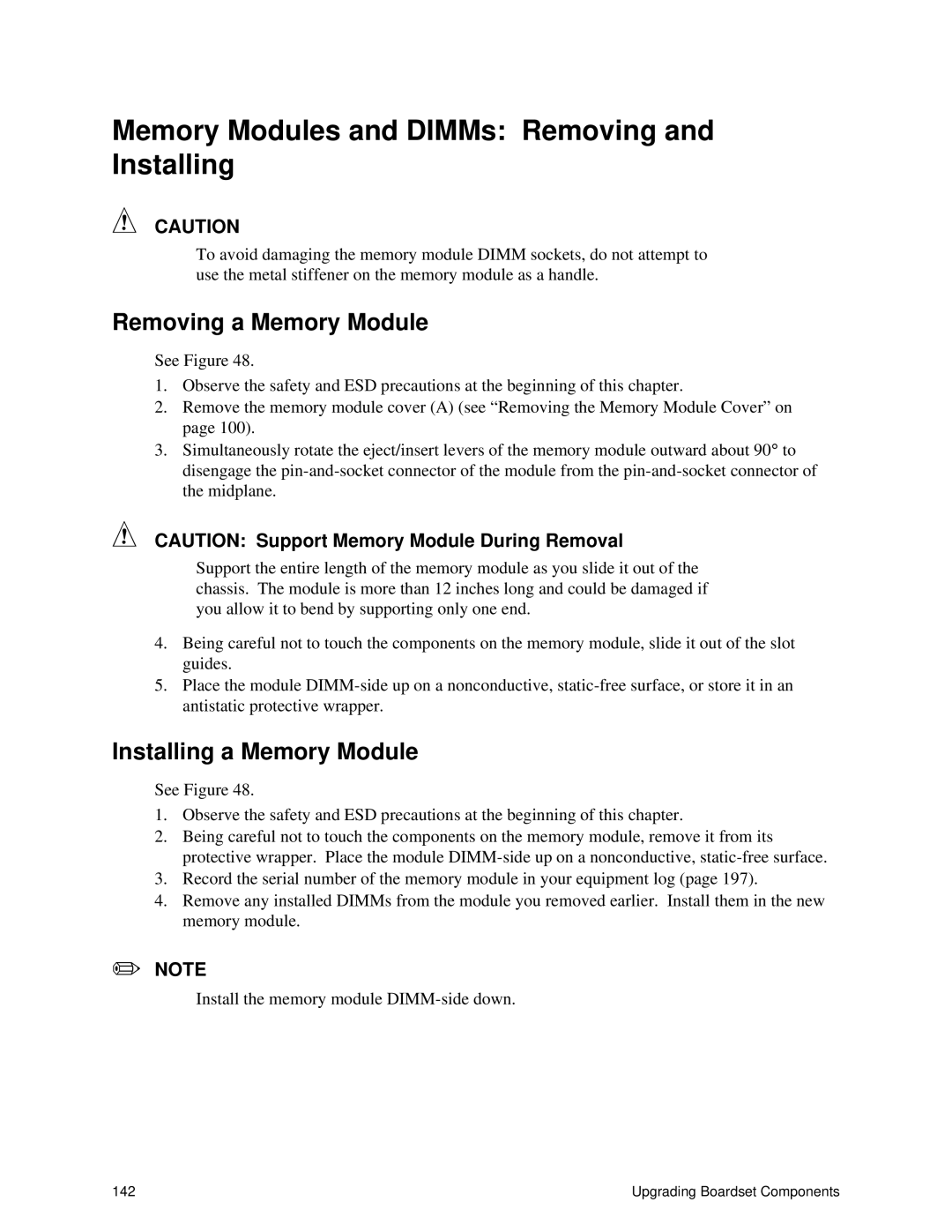 Intel SRPL8 manual Memory Modules and DIMMs Removing and Installing, Removing a Memory Module, Installing a Memory Module 