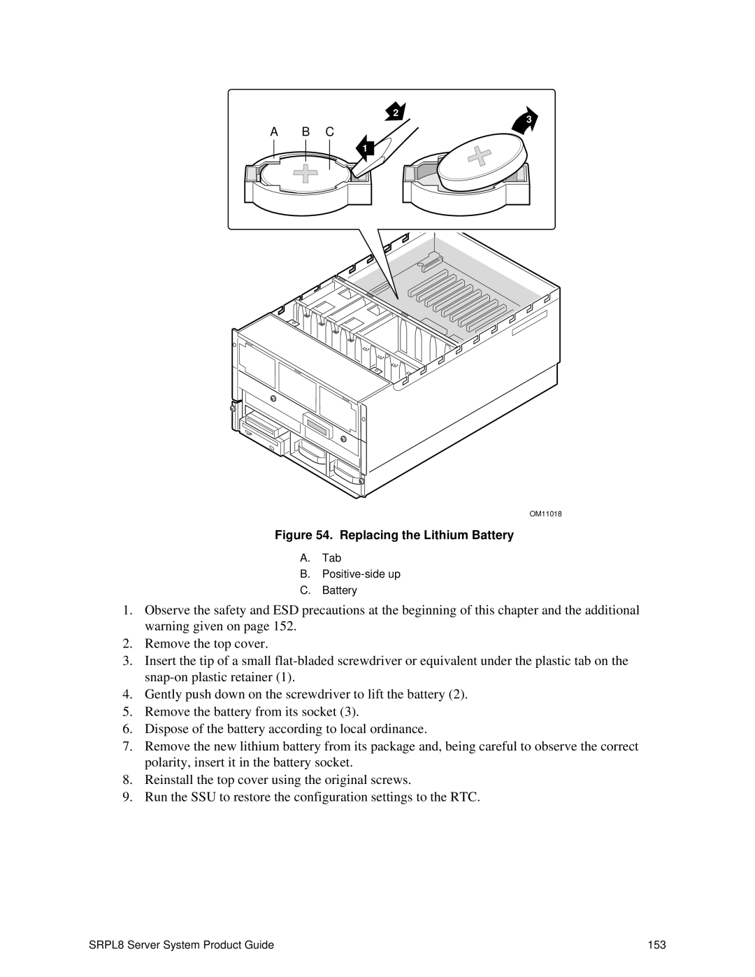 Intel SRPL8 manual Replacing the Lithium Battery 