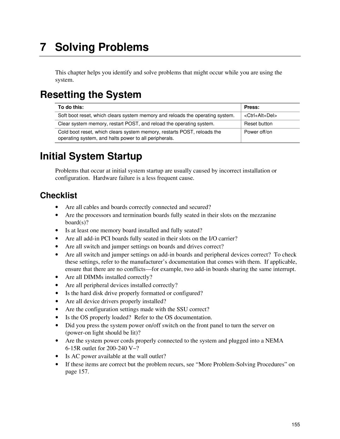 Intel SRPL8 manual Solving Problems, Resetting the System, Initial System Startup, Checklist 