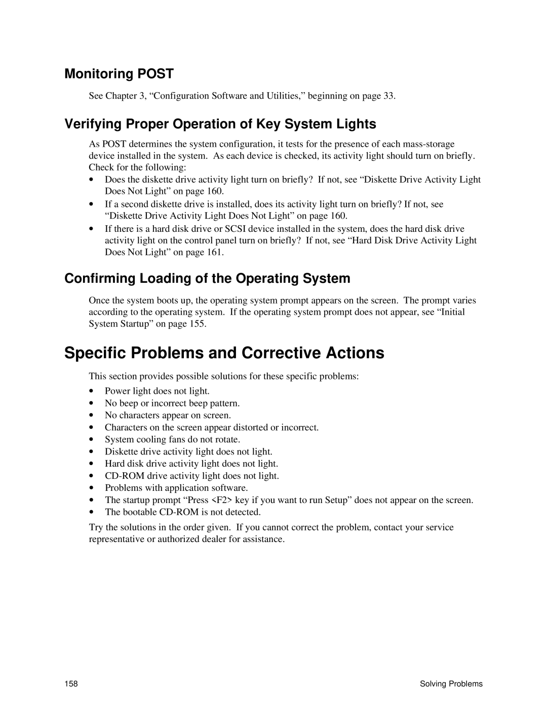 Intel SRPL8 Specific Problems and Corrective Actions, Monitoring Post, Verifying Proper Operation of Key System Lights 