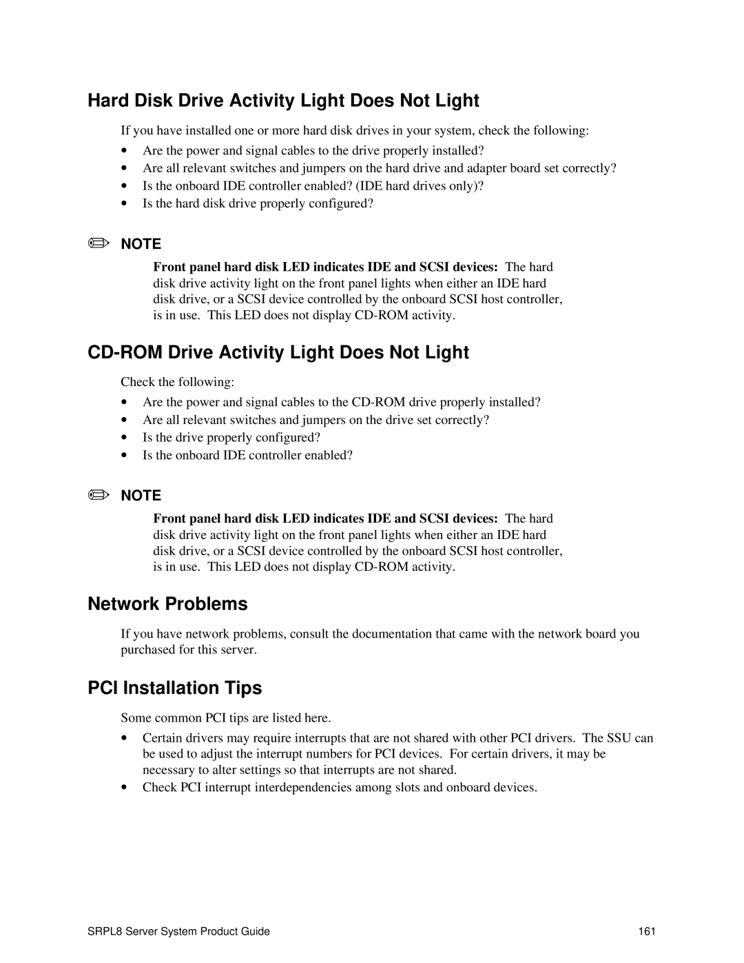 Intel SRPL8 Hard Disk Drive Activity Light Does Not Light, CD-ROM Drive Activity Light Does Not Light, Network Problems 