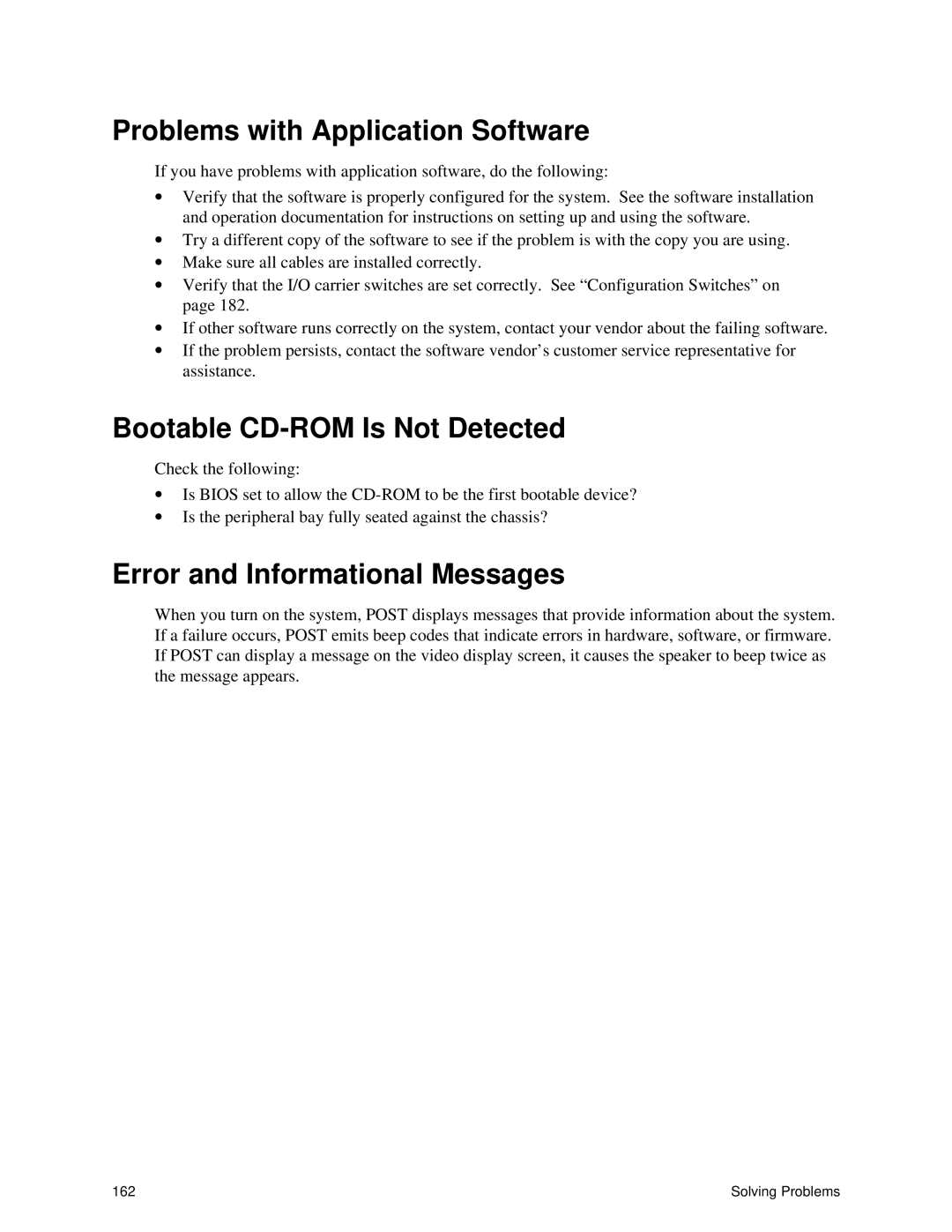 Intel SRPL8 manual Problems with Application Software, Bootable CD-ROM Is Not Detected, Error and Informational Messages 