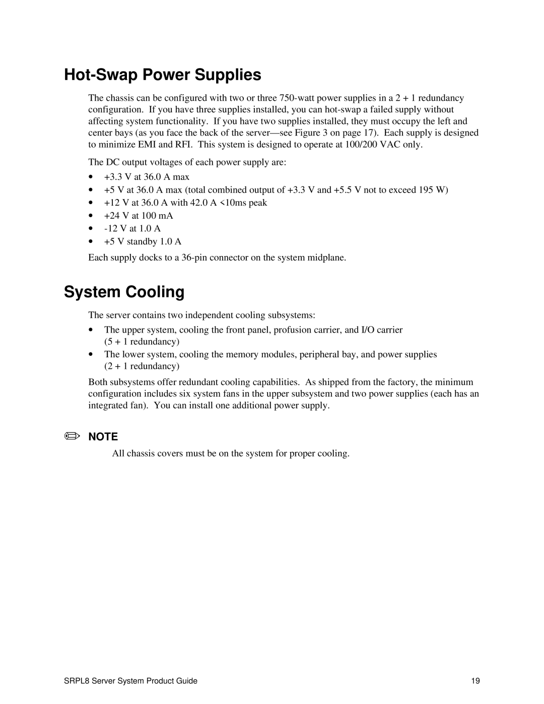 Intel SRPL8 manual Hot-Swap Power Supplies, System Cooling 