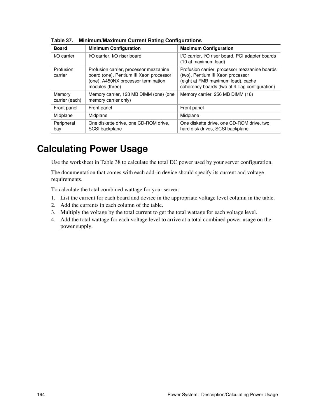 Intel SRPL8 manual Calculating Power Usage, Minimum/Maximum Current Rating Configurations, Board, Minimum Configuration 