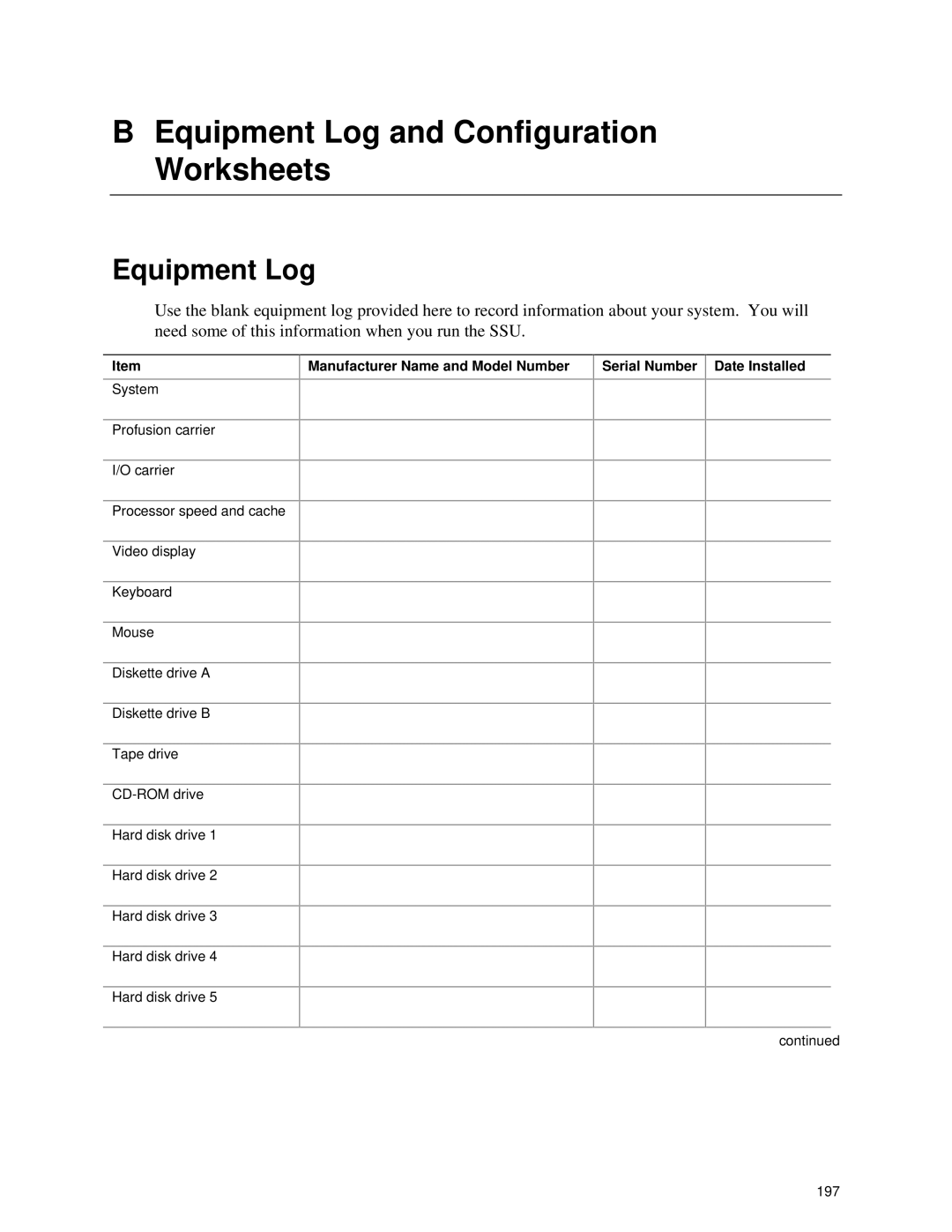 Intel SRPL8 manual Equipment Log and Configuration Worksheets 