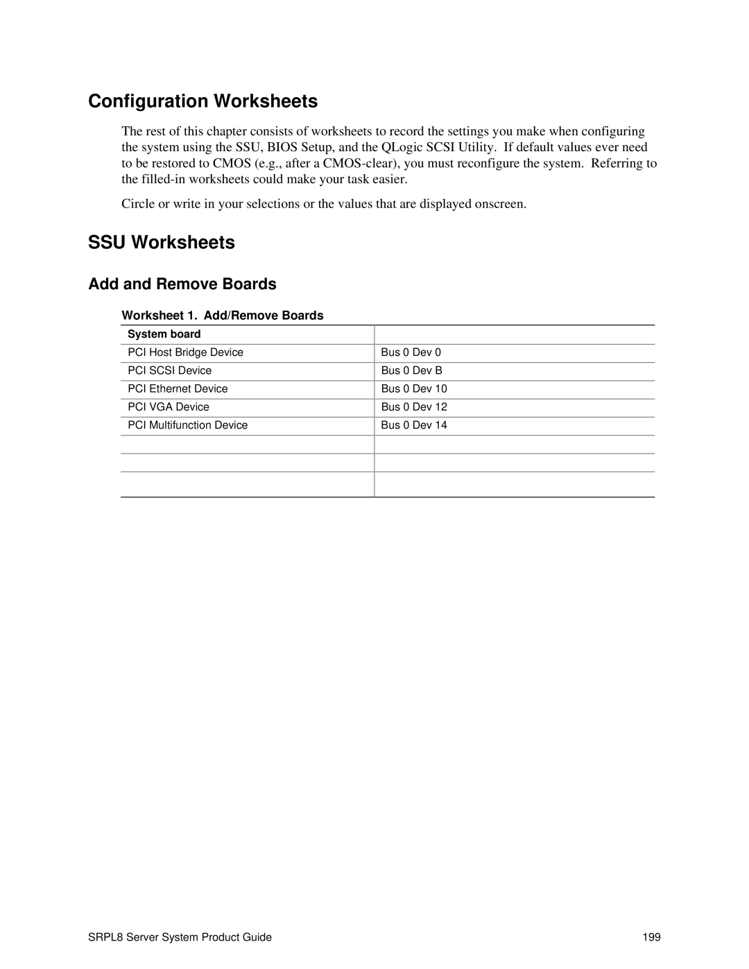 Intel SRPL8 Configuration Worksheets, SSU Worksheets, Add and Remove Boards, Worksheet 1. Add/Remove Boards, System board 