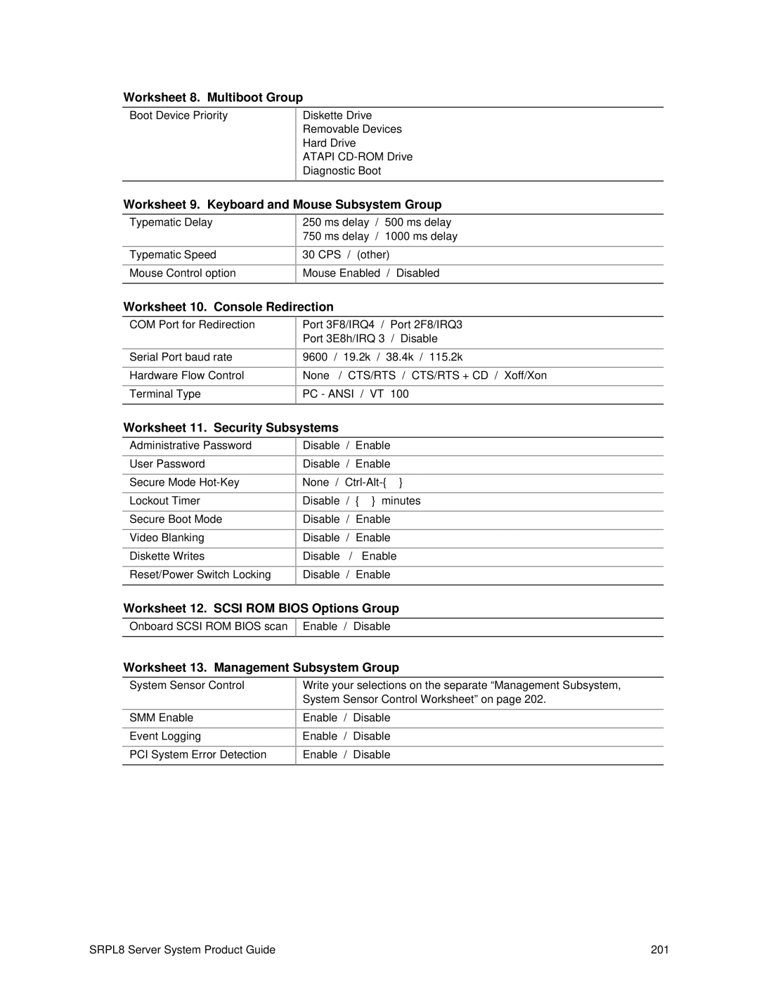 Intel SRPL8 manual Worksheet 8. Multiboot Group, Worksheet 9. Keyboard and Mouse Subsystem Group 