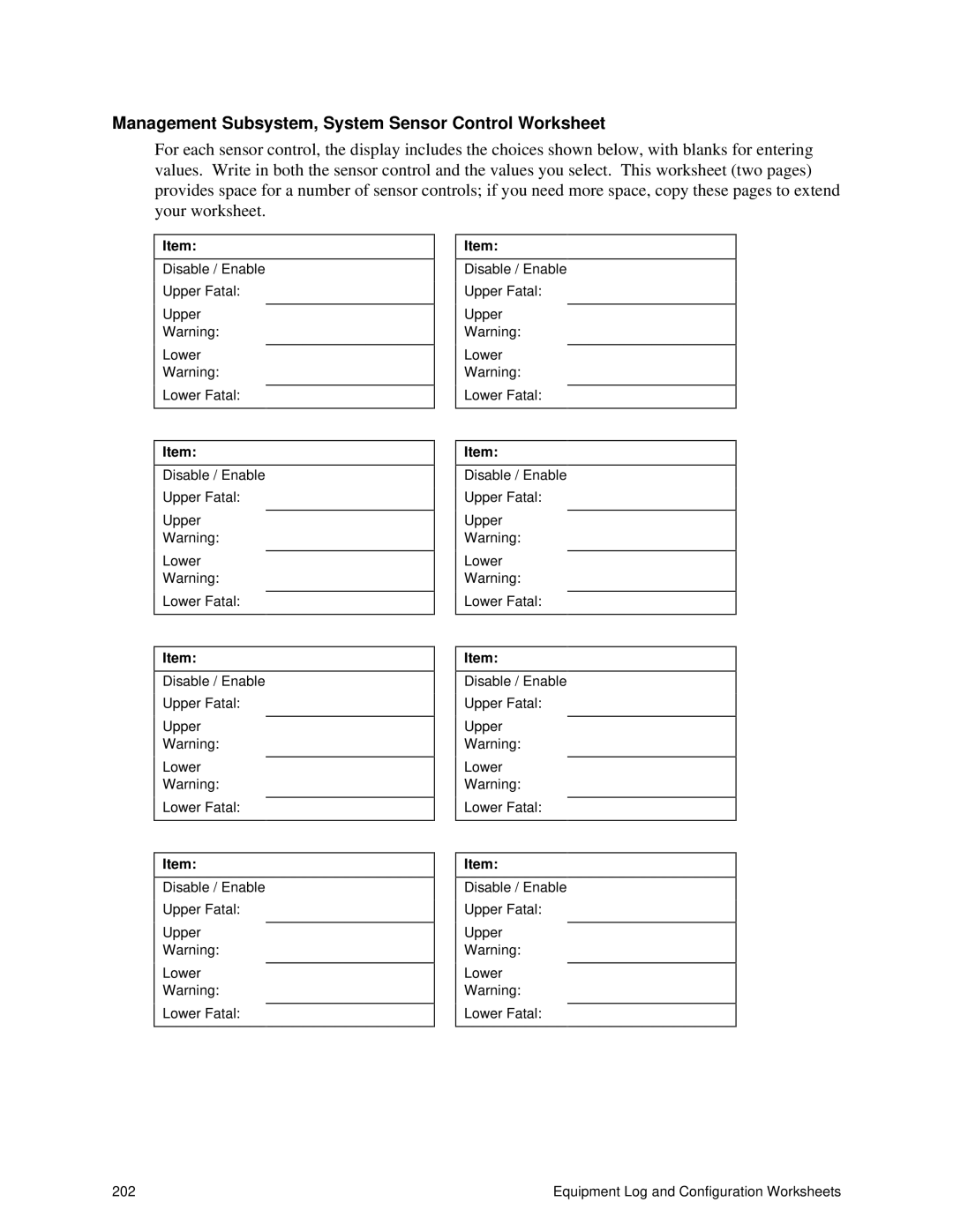 Intel SRPL8 manual Management Subsystem, System Sensor Control Worksheet 